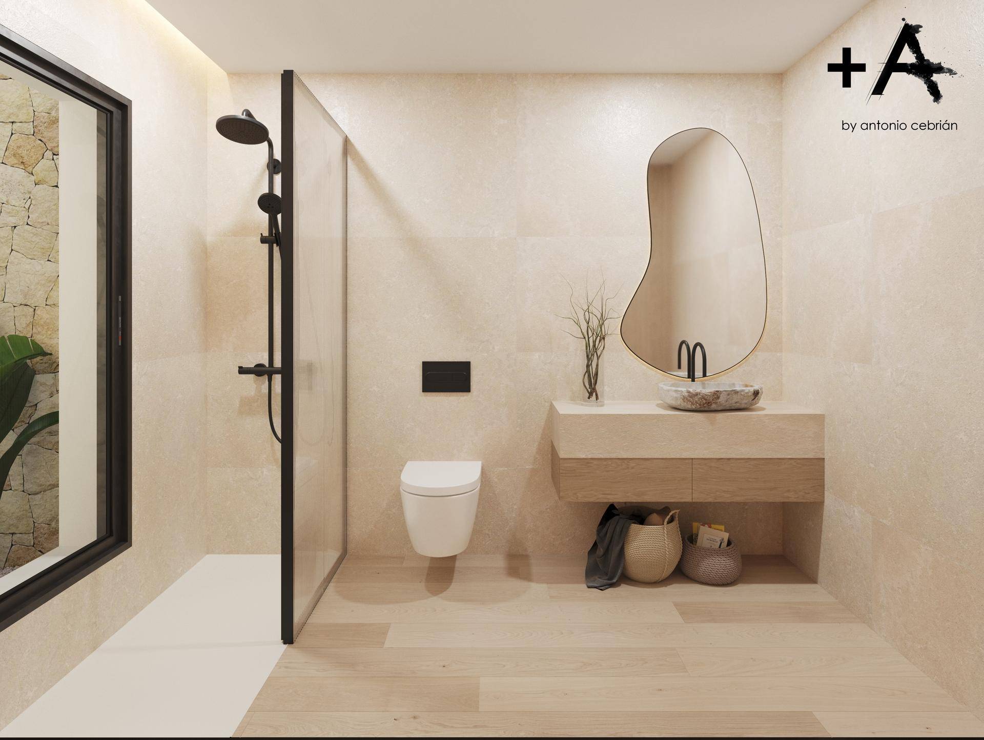 Helles Badezimmer mit begehbarer Dusche, Wand-WC und organisch geformtem Spiegel über dem Waschtisch.