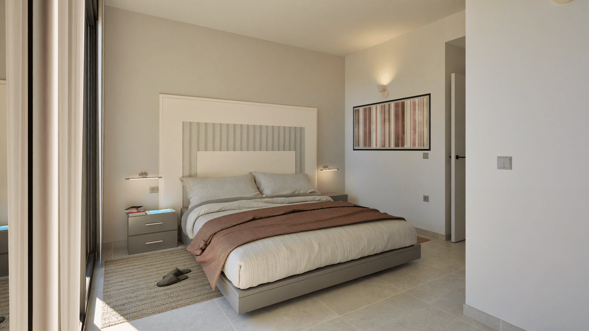 Helles Schlafzimmer mit modernem Bett, Nachttischen und großem Fenster.
