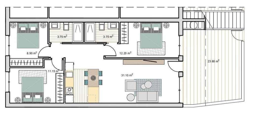 Grundriss einer Wohnung mit drei Schlafzimmern, offenem Wohnbereich und Terrasse.