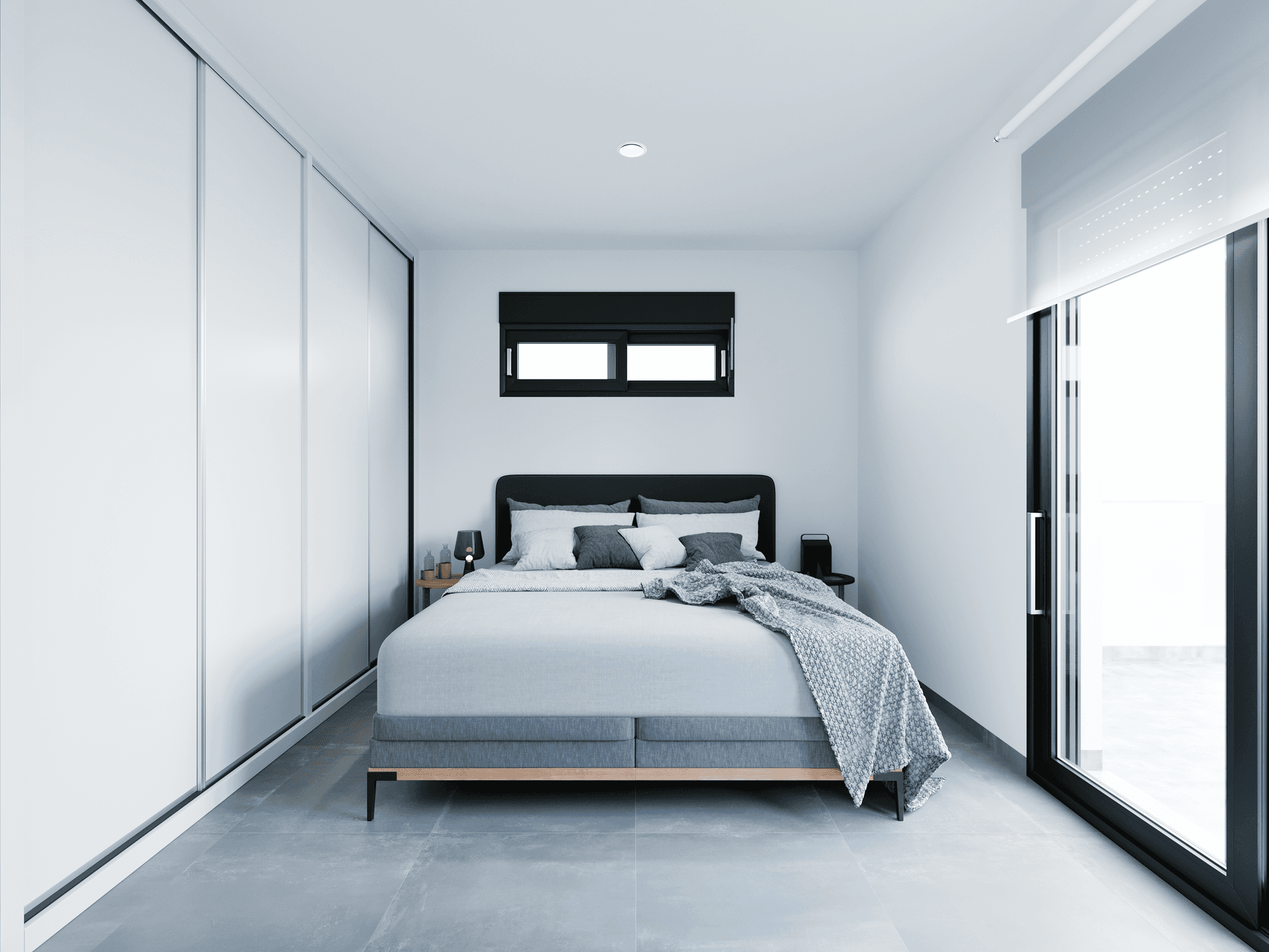 Helles Schlafzimmer mit modernem Doppelbett, integrierten Kleiderschränken und Zugang zur Terrasse.