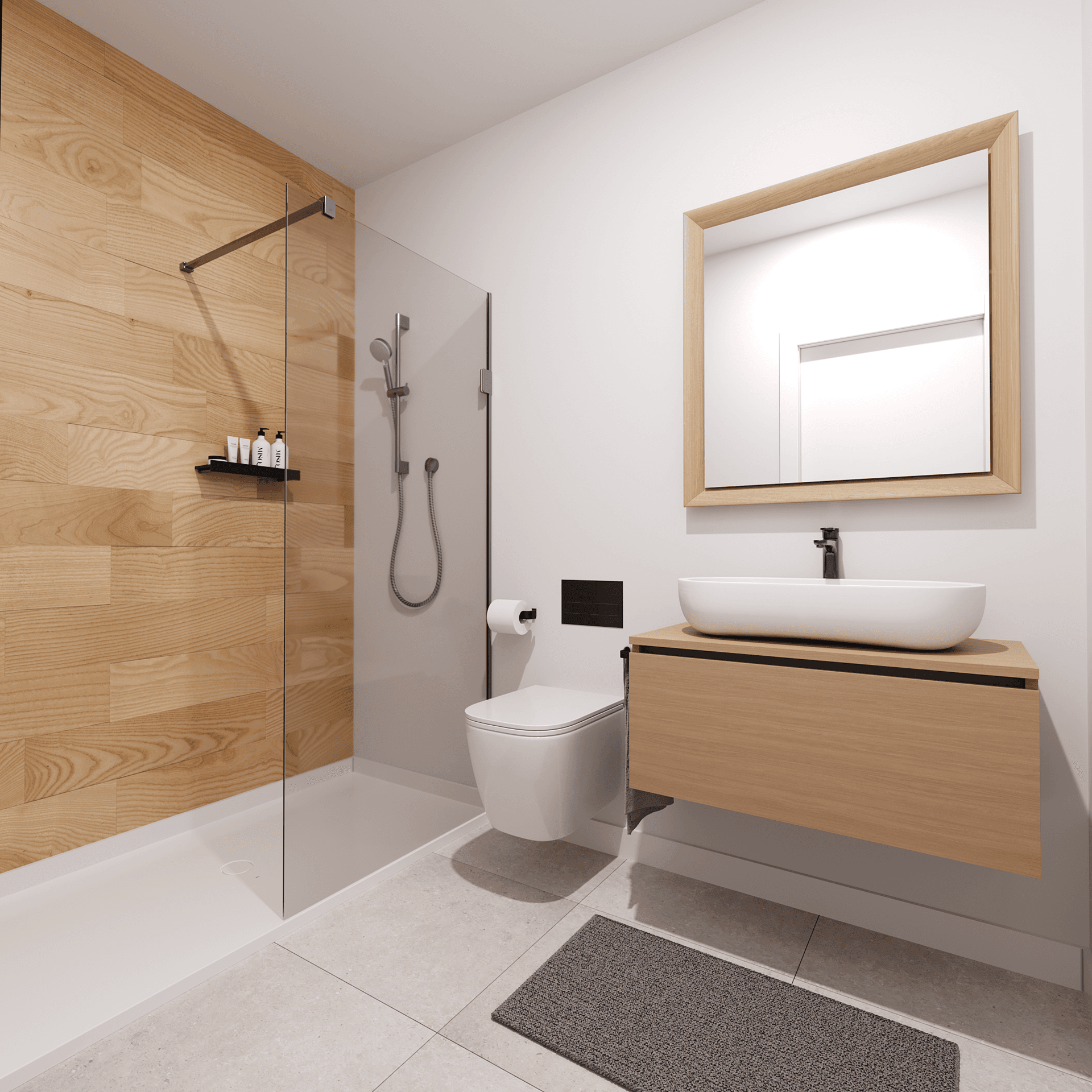 Modernes Badezimmer mit Holzakzenten, begehbarer Dusche und stilvollem Waschtisch.