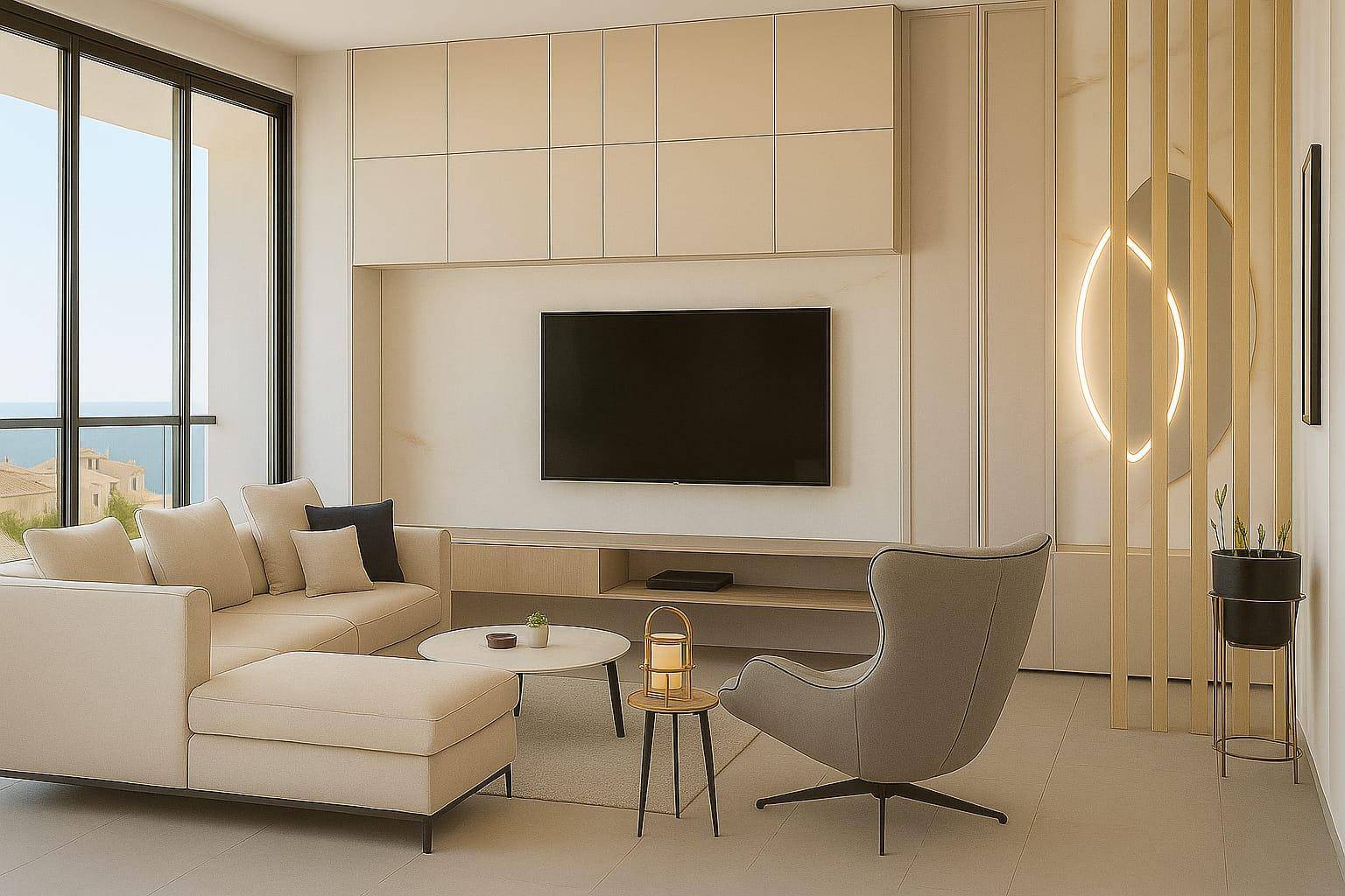 Helles Wohnzimmer mit Meerblick, großen Fenstern und minimalistischer Wandgestaltung.