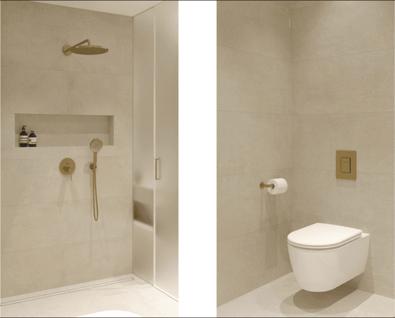 Elegantes Badezimmer mit bodengleicher Dusche und wandhängendem WC in modernem Design.