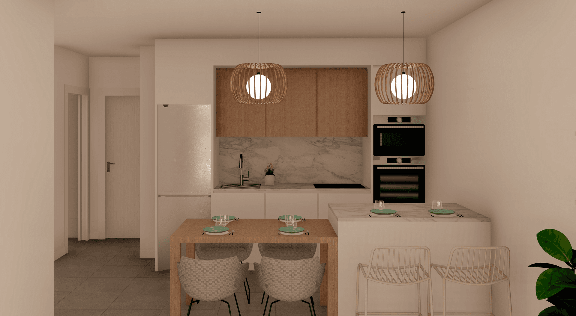 Moderne Küche mit Essbereich, Marmor-Arbeitsplatte und integrierten Geräten.