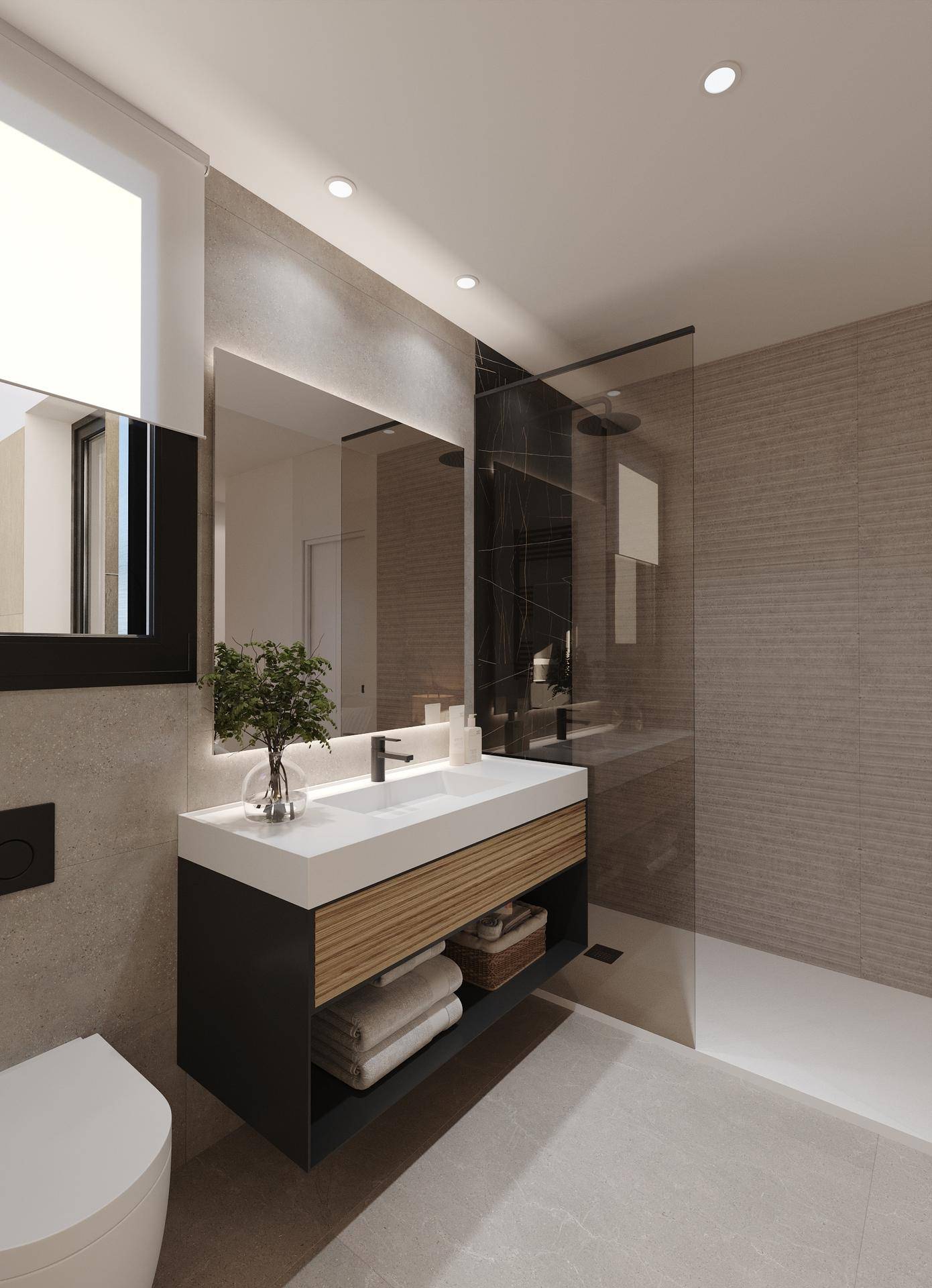 Modernes Badezimmer mit schwebendem Waschtisch, großer begehbarer Dusche und Wand-WC.