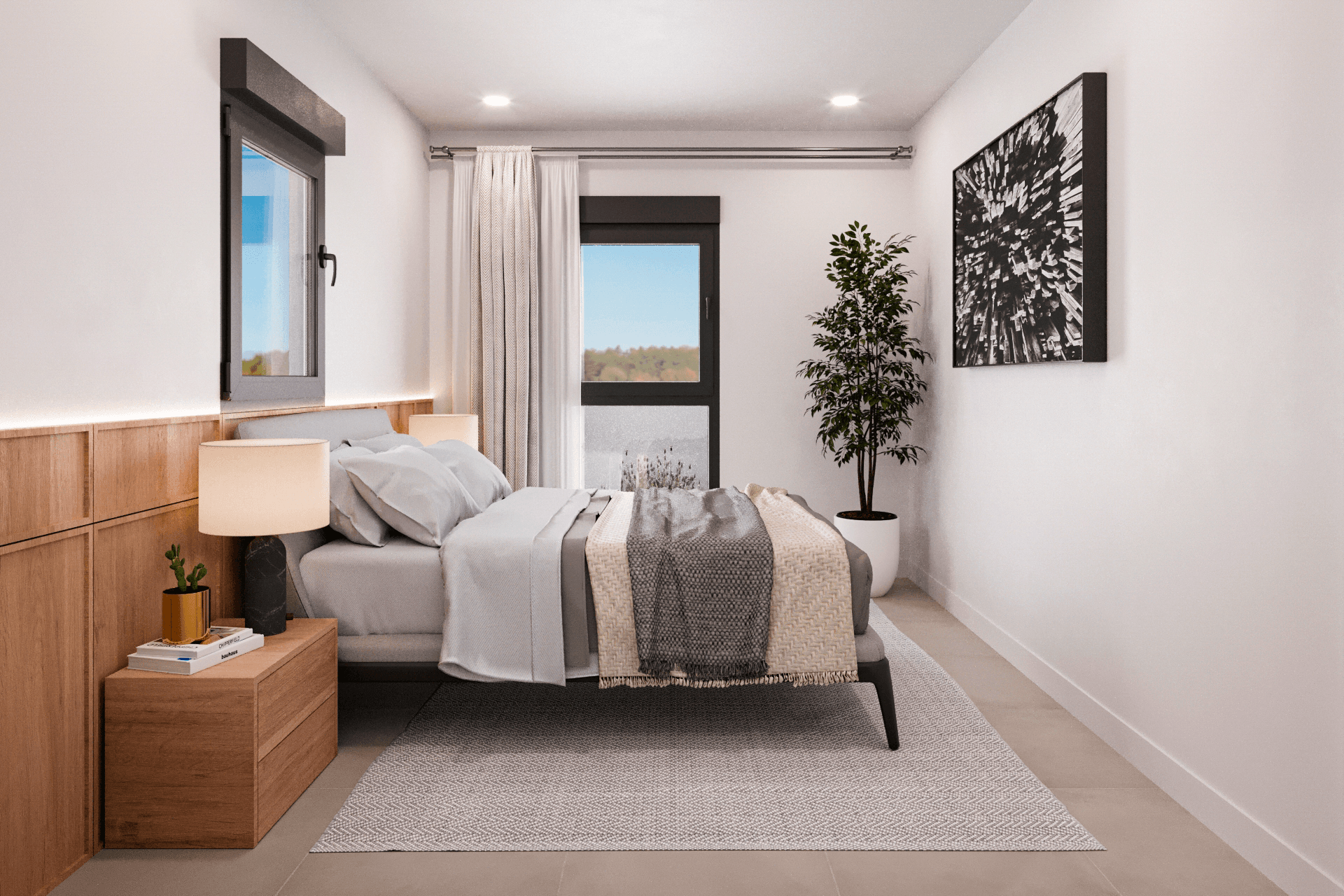 Modernes Schlafzimmer mit hellem Interieur, Holzelementen, großem Fenster und Rollladen.
