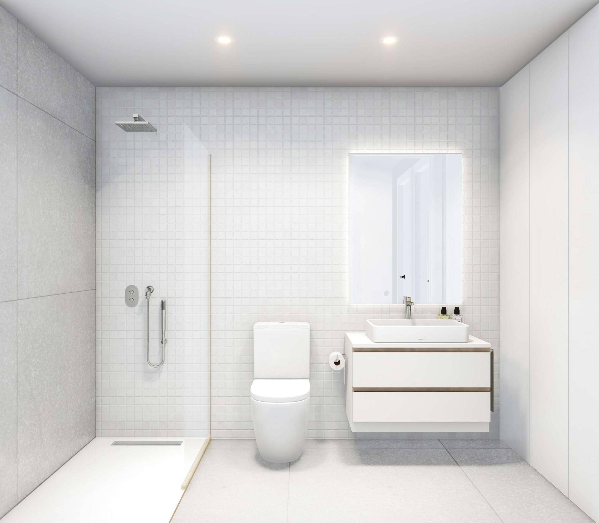 Modernes Badezimmer mit ebenerdiger Dusche, Wand-WC und beleuchtetem Spiegelschrank.