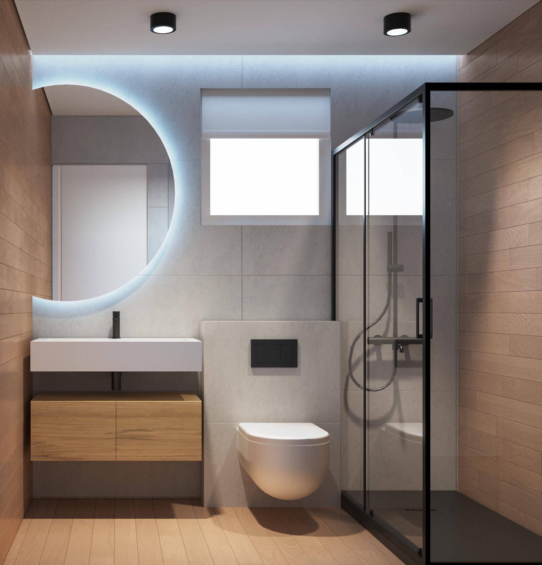 Modernes Badezimmer mit begehbarer Dusche, schwebendem Waschtisch und beleuchtetem Spiegel.