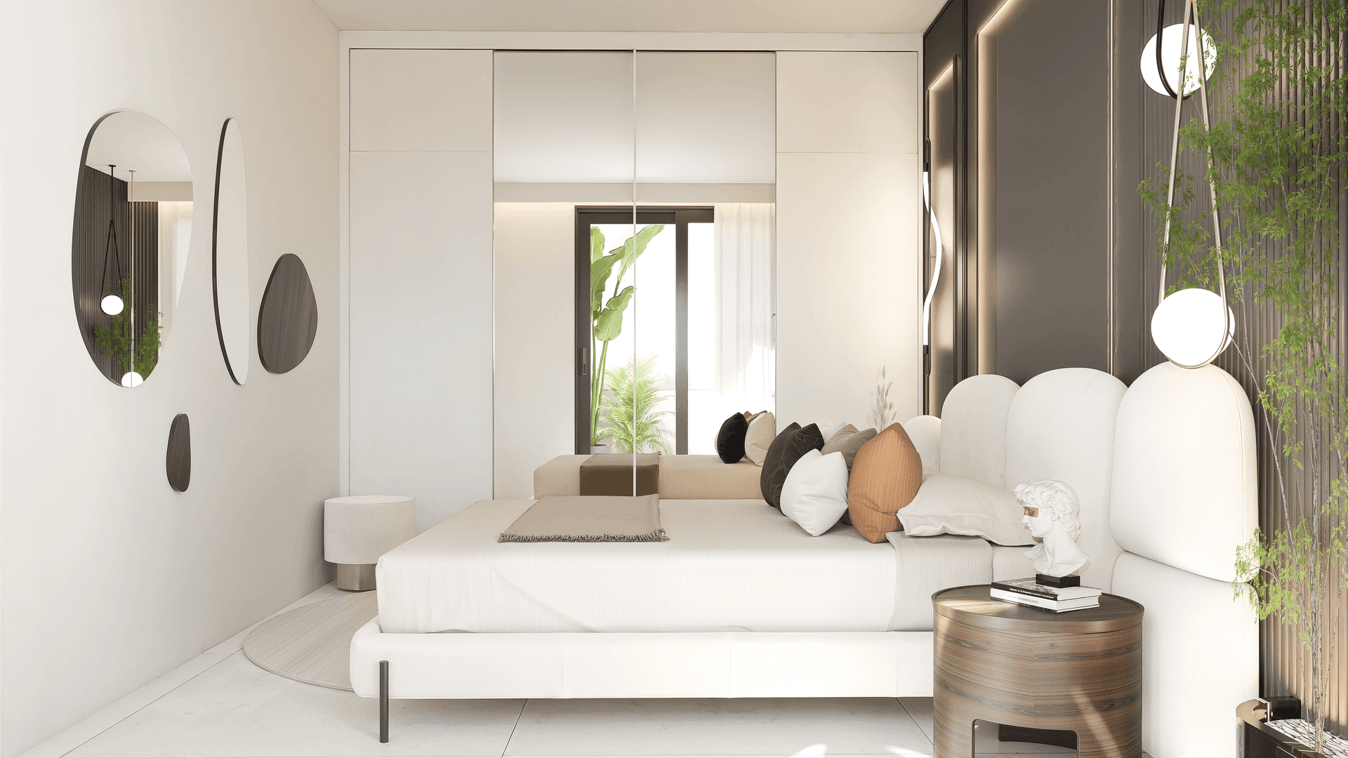 Helles, modernes Schlafzimmer mit weißem Bett, minimalistischer Einrichtung und Zugang zu einem Außenbereich.