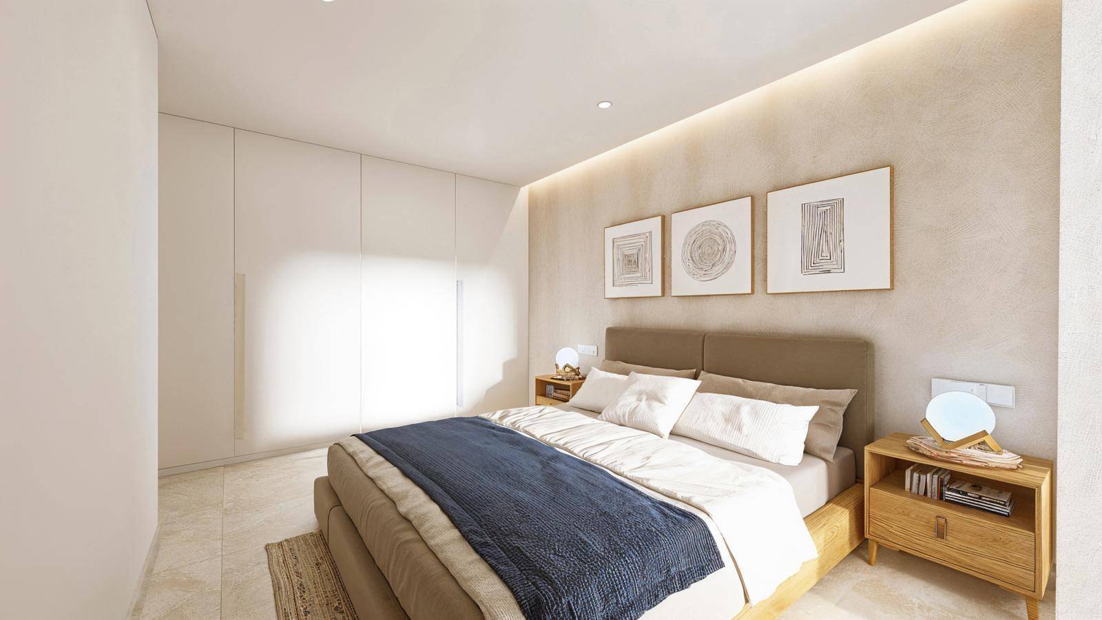 Modernes Schlafzimmer mit Einbauschränken, indirekter Beleuchtung und minimalistischer Einrichtung.