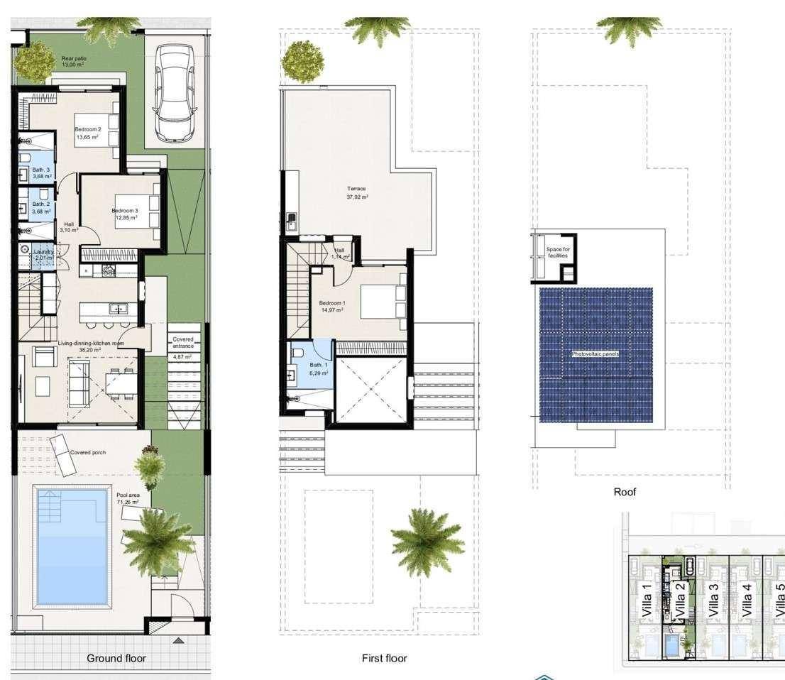 Detaillierter Grundriss einer Villa mit Erdgeschoss, Obergeschoss und Dach.