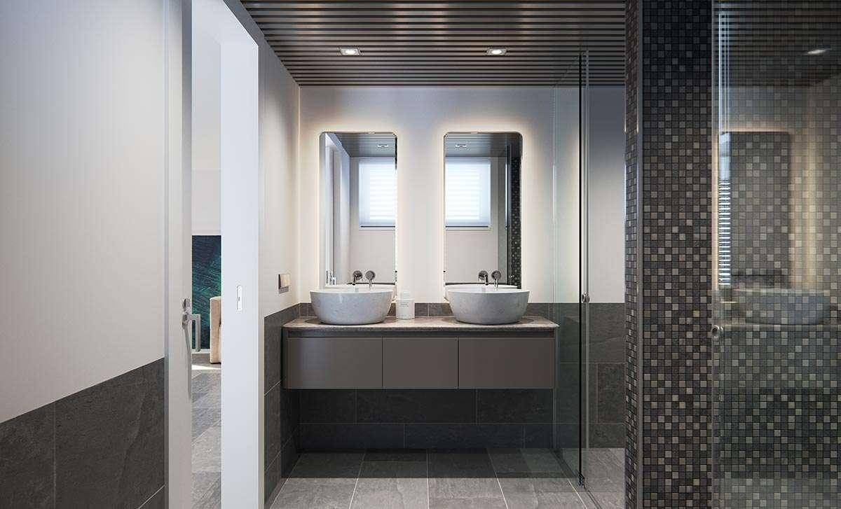 Modernes Badezimmer mit Doppelwaschbecken, beleuchteten Spiegeln und großer begehbarer Dusche.
