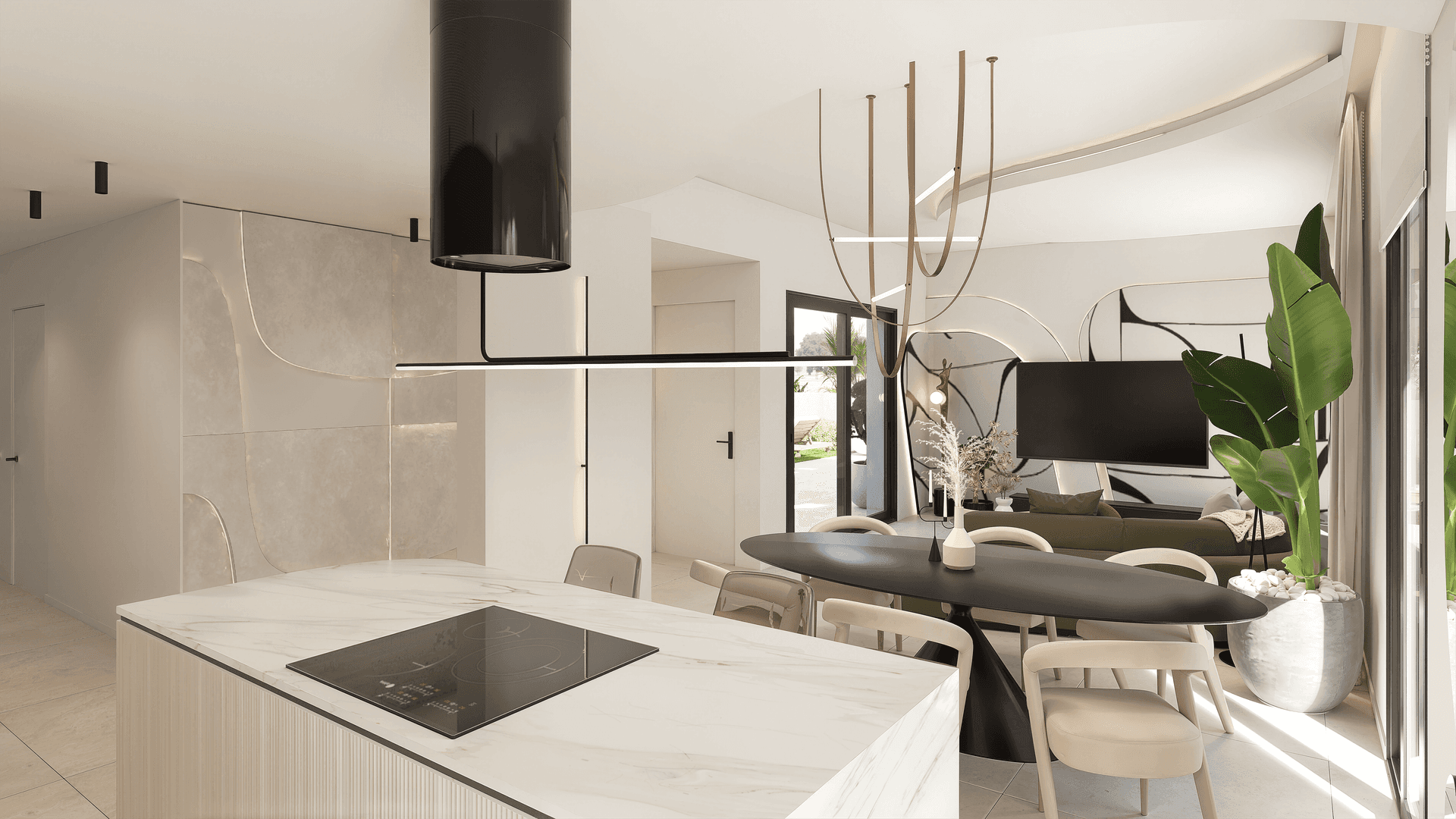 Moderne offene Küche mit Kochinsel und Essbereich, integriert in den Wohnraum mit stilvoller Beleuchtung.