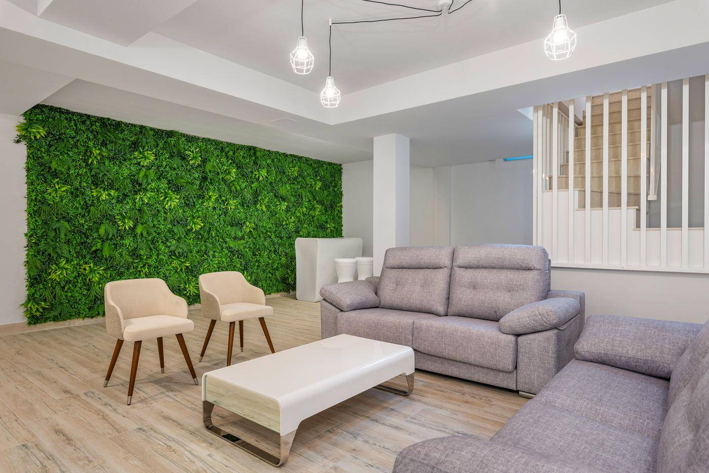 Geräumiger Kellerraum, als Wohnbereich gestaltet, mit grüner Akzentwand und bequemen Sofas.