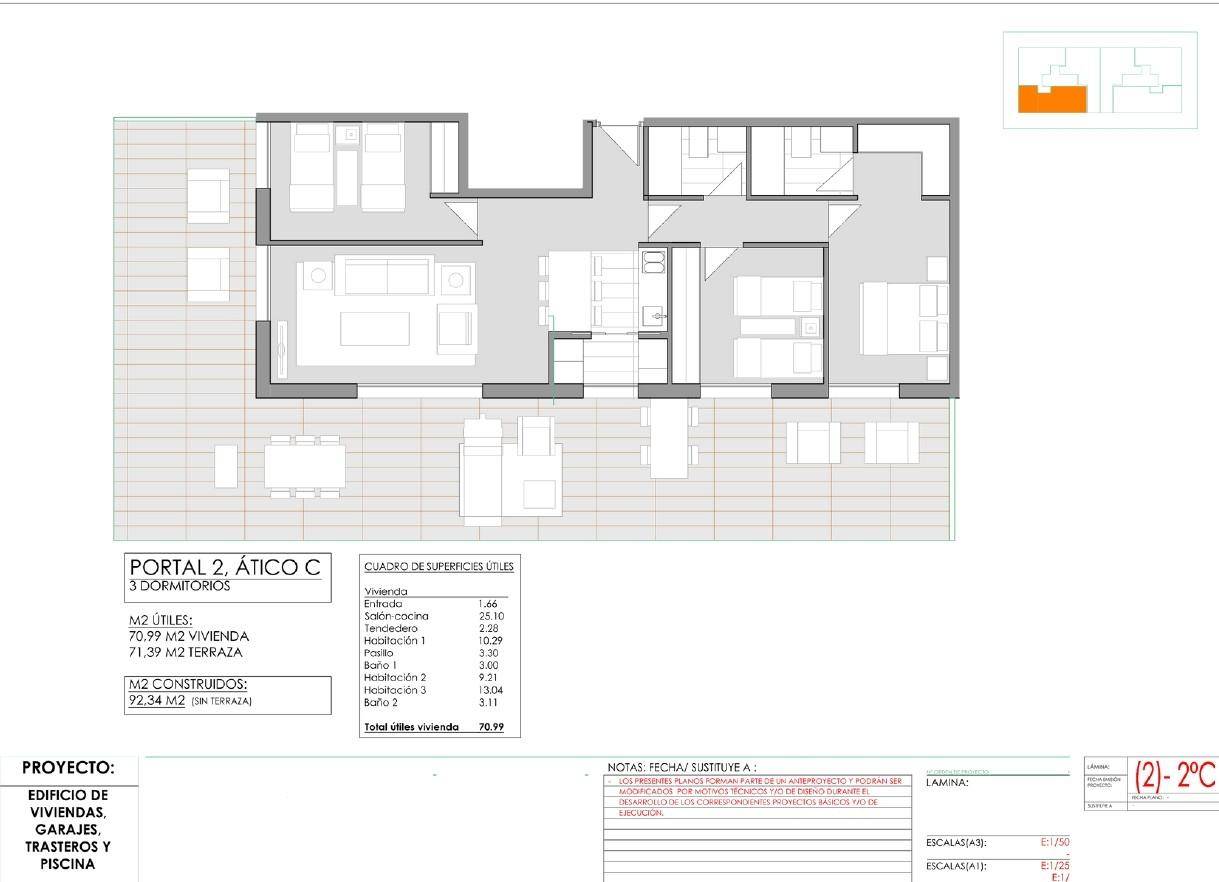 Grundriss des Penthouses mit drei Schlafzimmern und großer Terrasse.