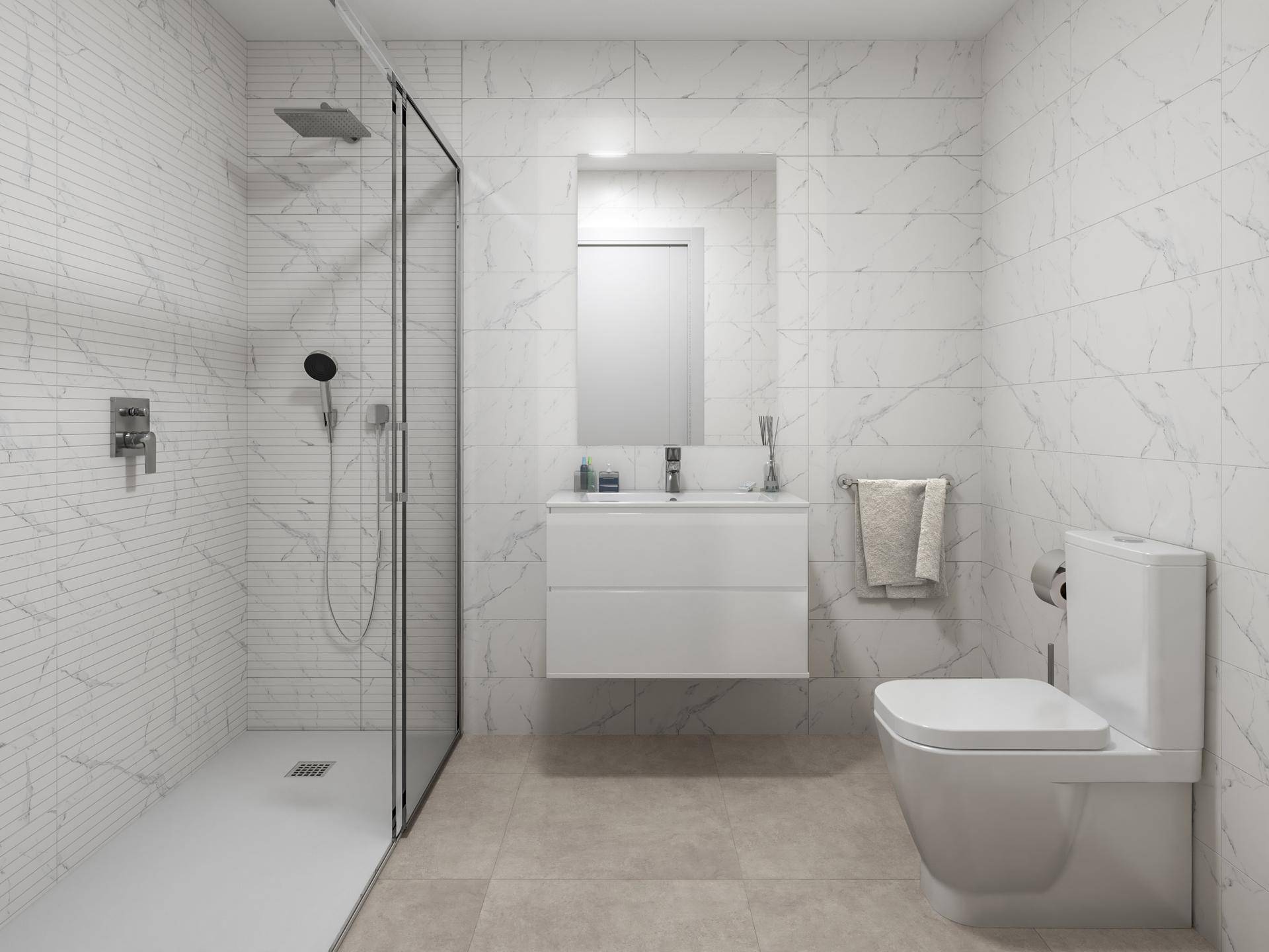Modernes Badezimmer mit begehbarer Dusche, schwebendem Waschtisch und eleganten Fliesen.