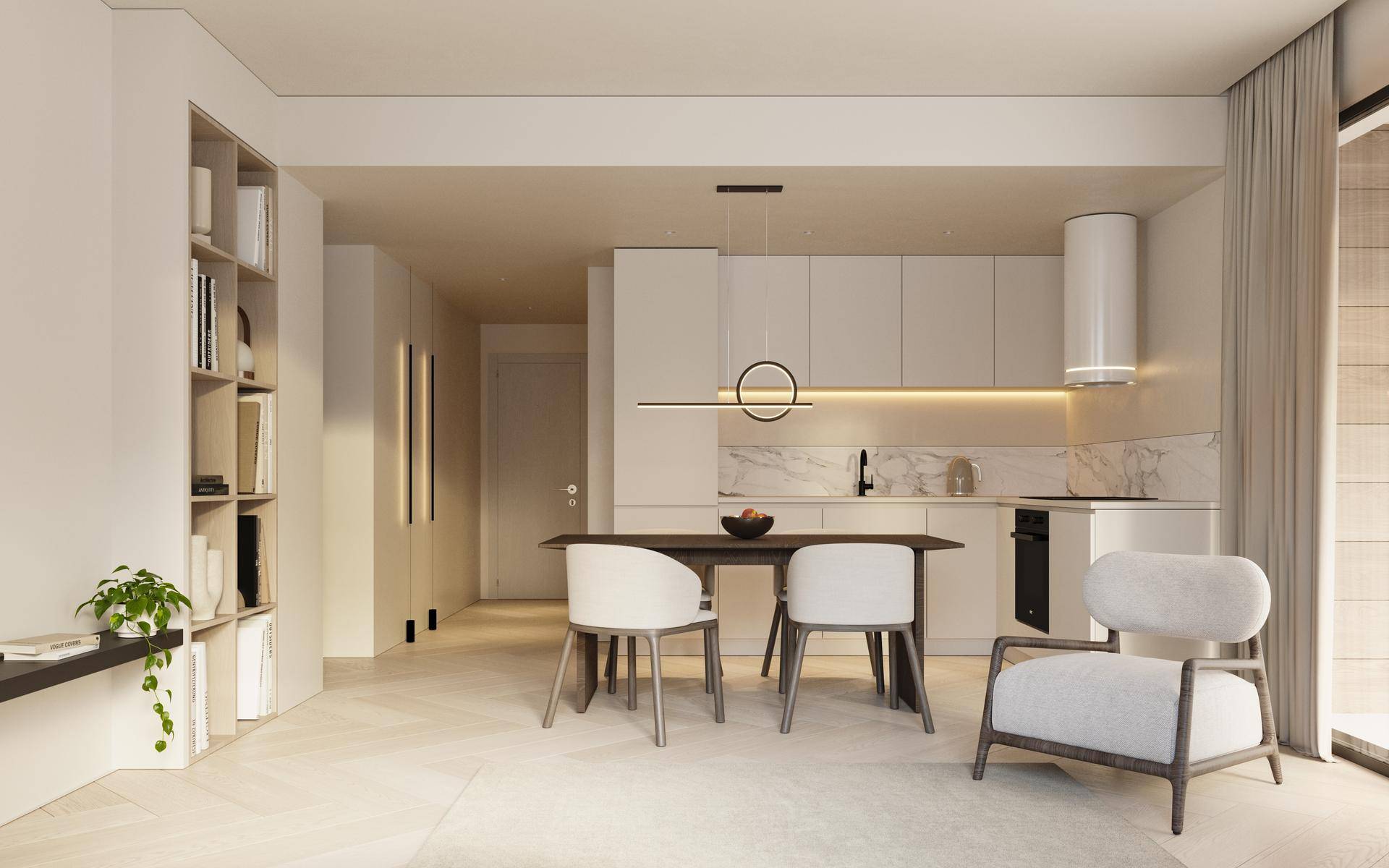 Helle, offene Küche mit Essbereich und modernen Einbauschränken in minimalistischem Design.