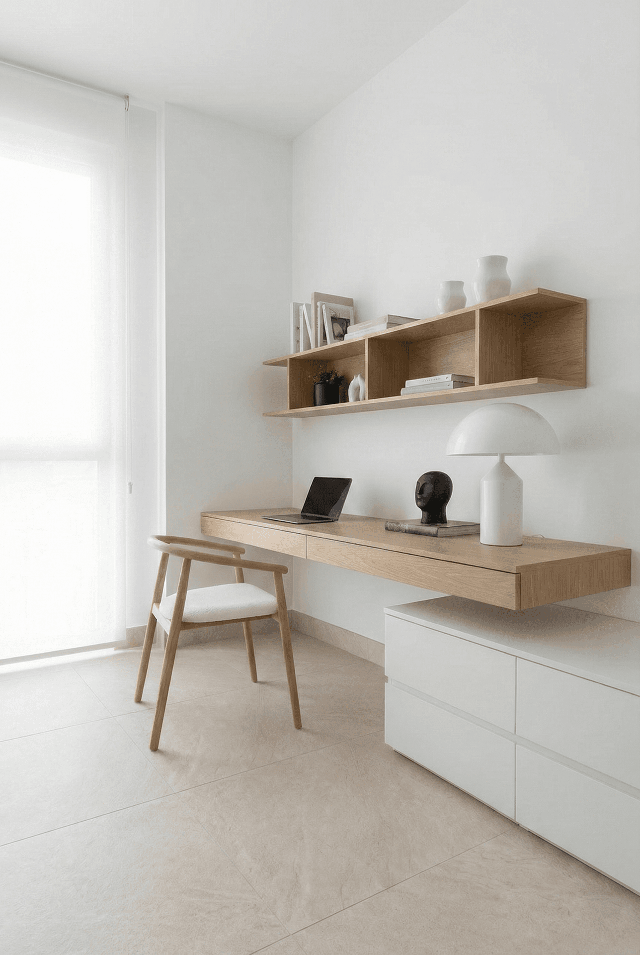 Minimalistisches Arbeitszimmer mit schwebendem Schreibtisch, Holzregalen und viel Tageslicht.