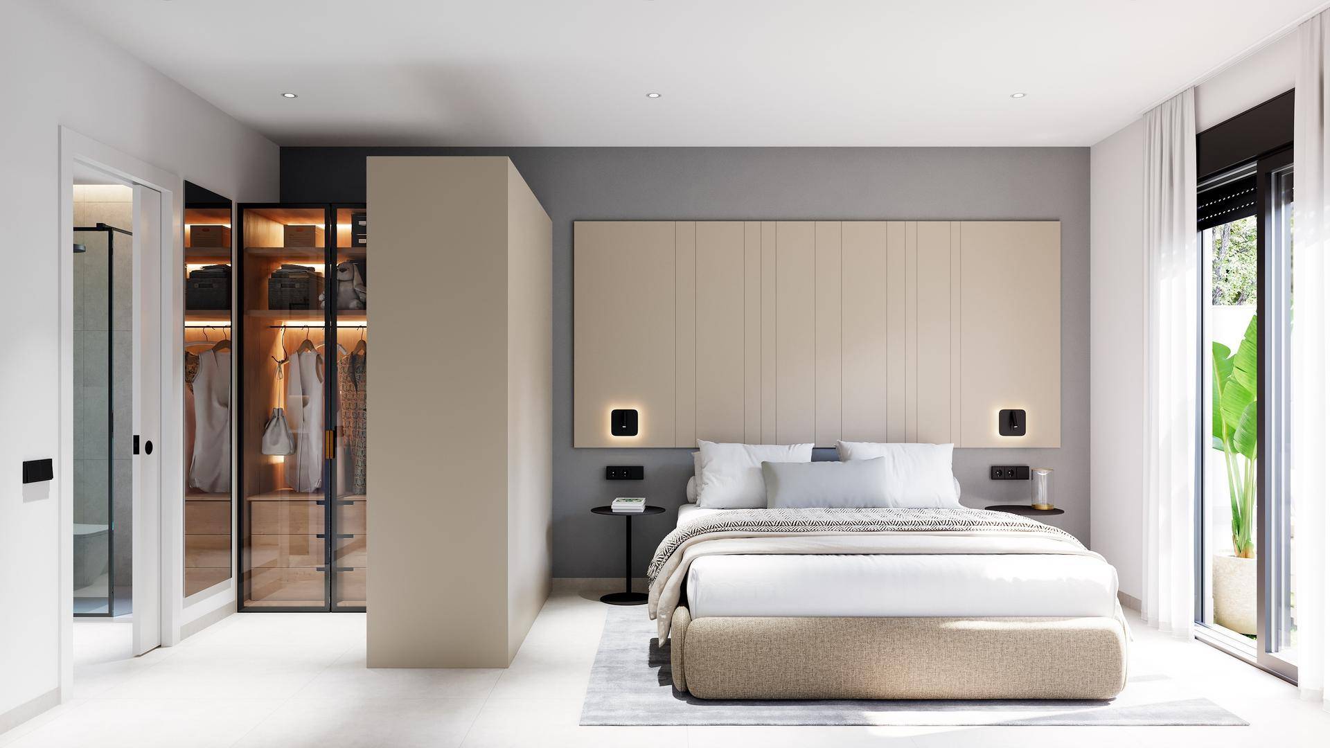 Modernes Schlafzimmer mit großem Bett, integrierten Schränken und Zugang zum Außenbereich.