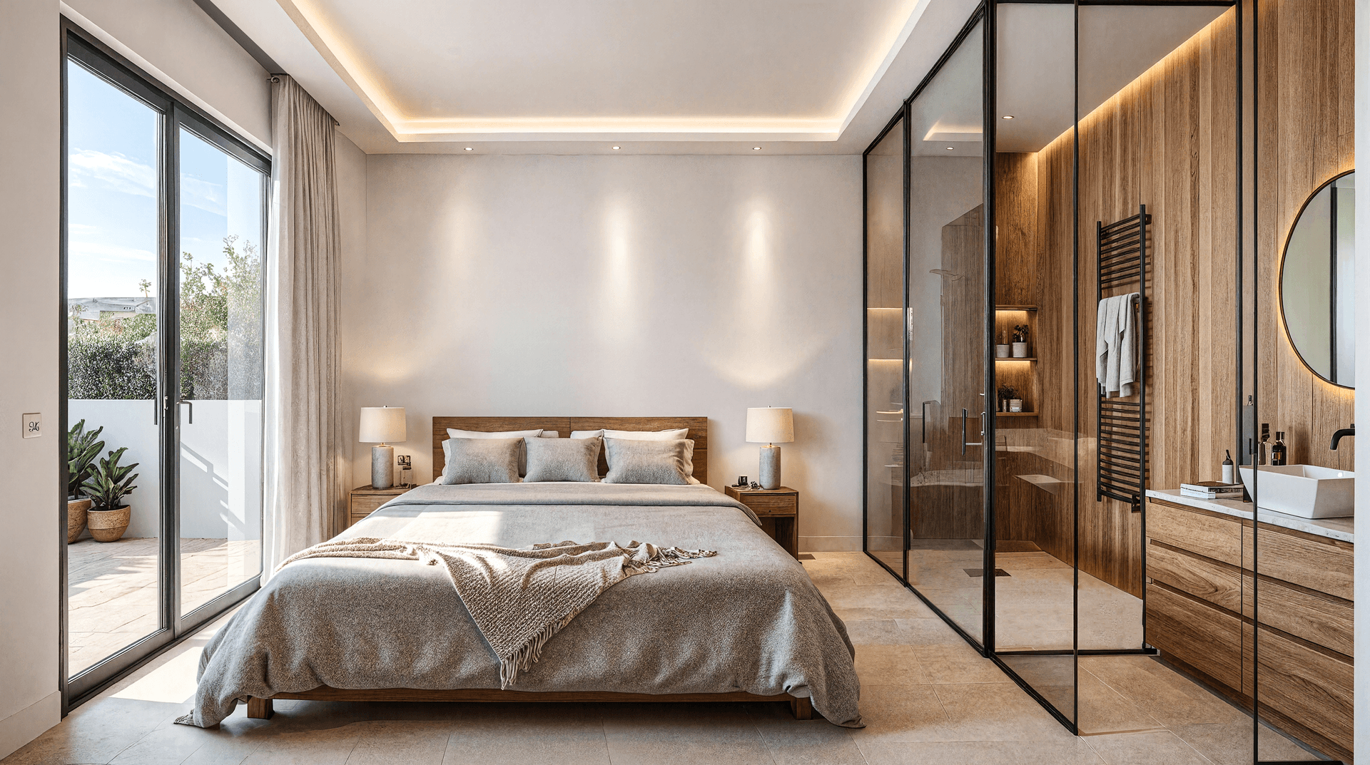 Modernes Schlafzimmer mit integriertem Badbereich, großen Fenstern und Zugang zur Terrasse.
