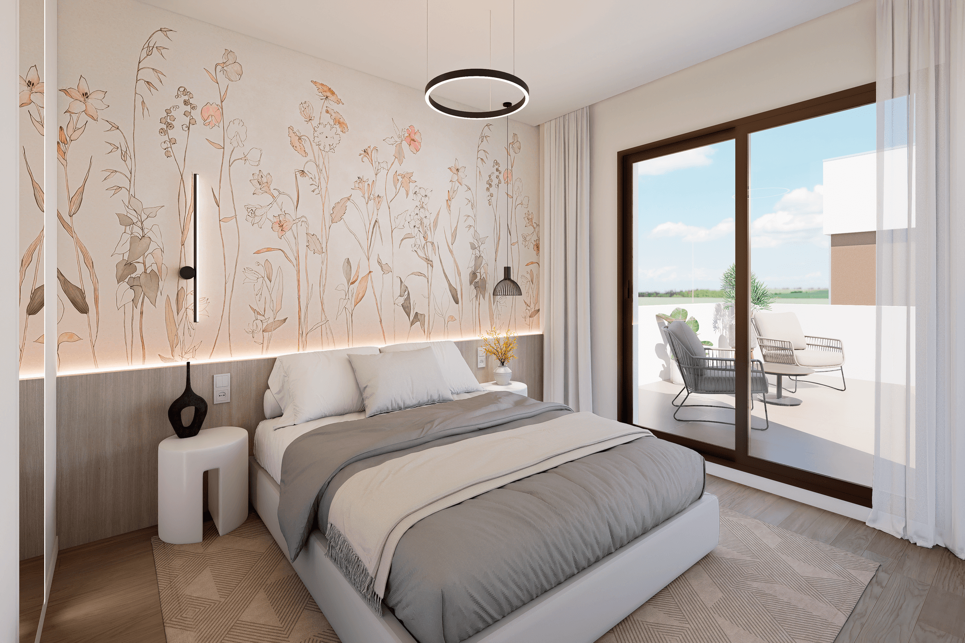 Stilvolles Schlafzimmer mit floraler Wandgestaltung, Doppelbett und Zugang zu einer Außenterrasse.