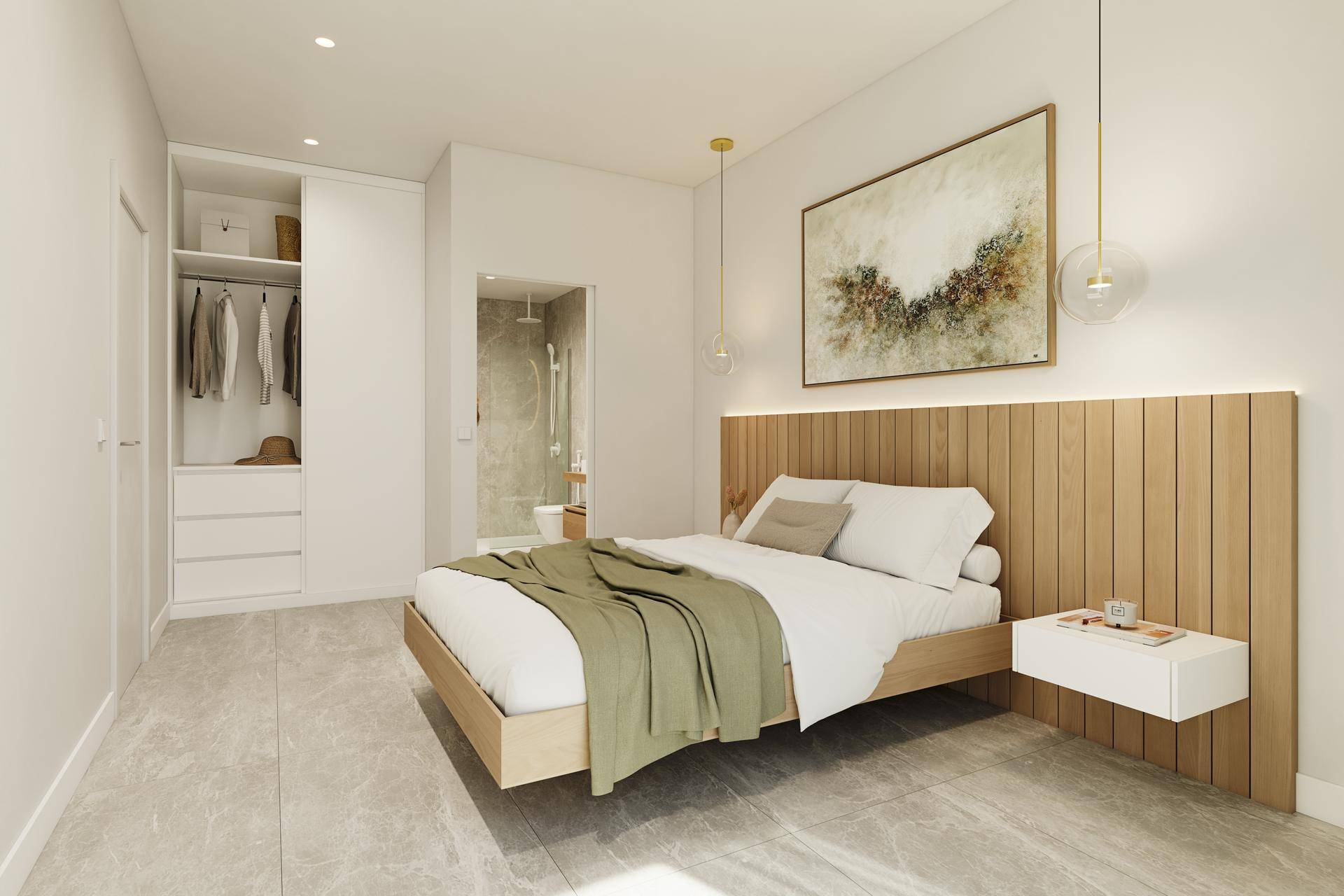 Schlafzimmer mit Doppelbett, Holz-Kopfteil, integriertem Kleiderschrank und angrenzendem Badezimmer.