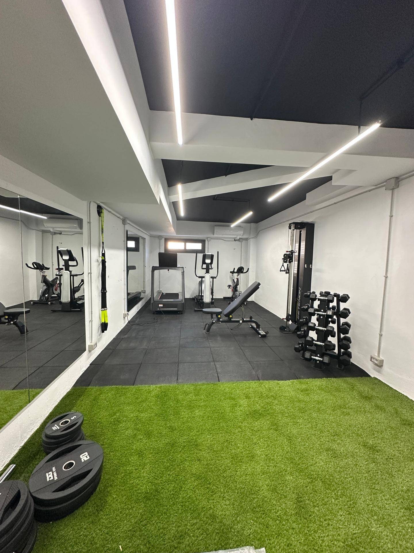 Moderner Fitnessraum mit verschiedenen Trainingsgeräten und Kunstrasenbereich.