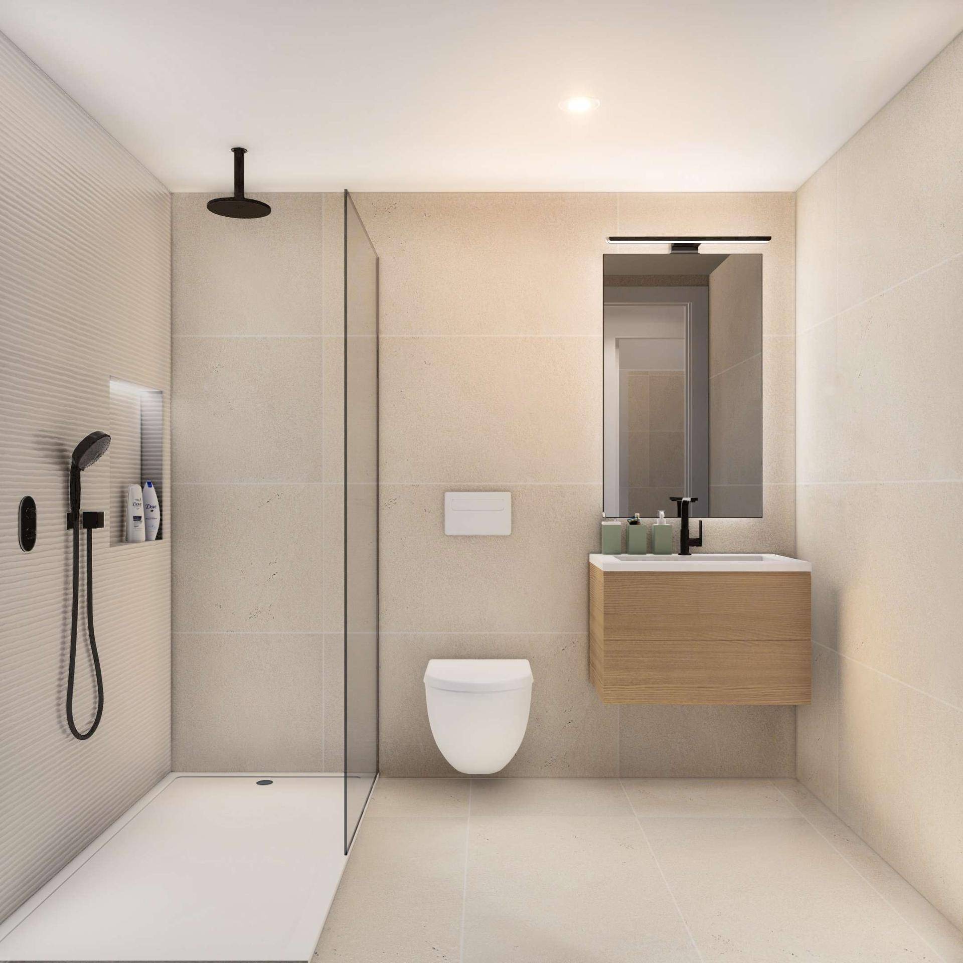 Modernes Badezimmer mit ebenerdiger Dusche, Hänge-WC und Holzwaschtisch.