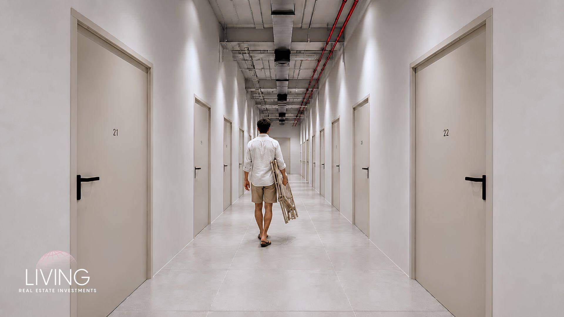 Langer Flur mit mehreren Türen und industriellem Decken-Design, führt zu den einzelnen Wohneinheiten.