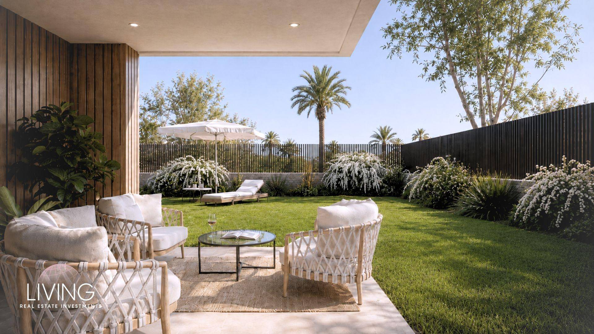 Privater Gartenbereich mit überdachter Terrasse und bequemen Korbmöbeln, umgeben von Pflanzen.