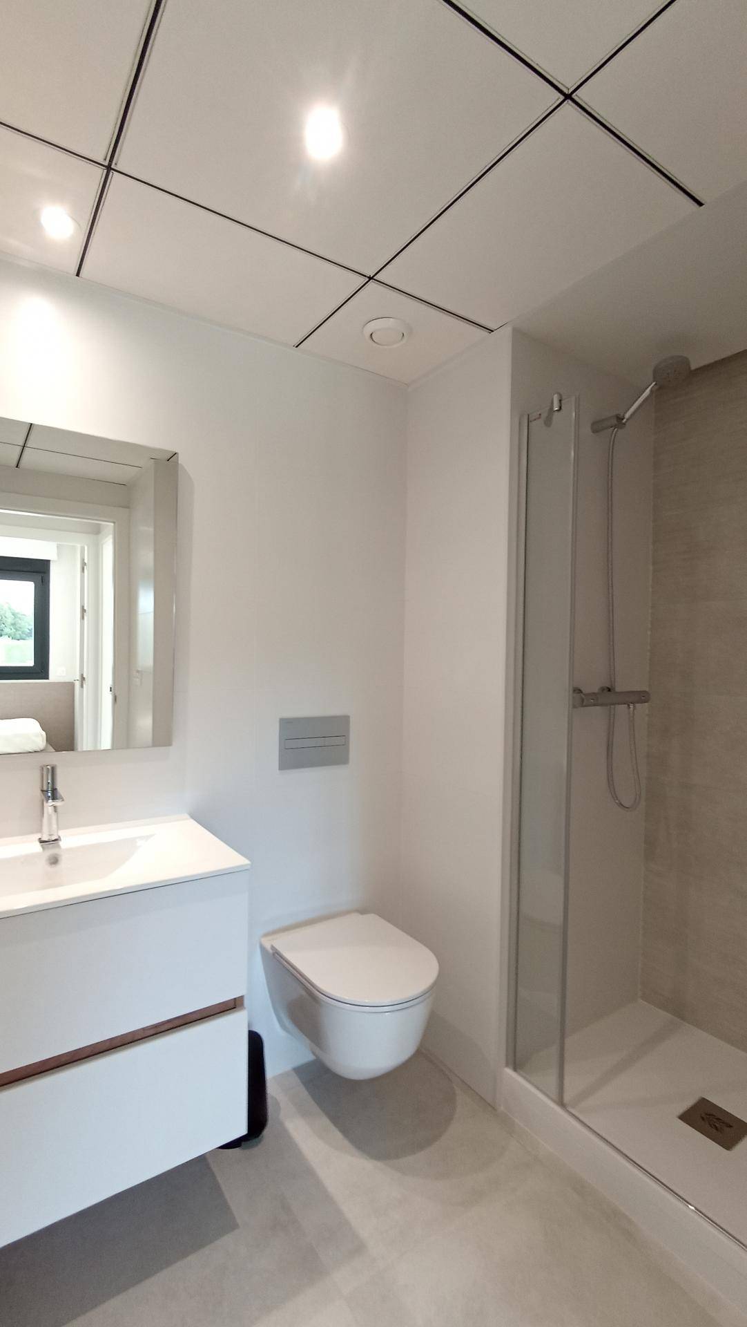 Modernes Badezimmer mit Duschkabine, wandhängendem WC und Einzelwaschbecken.