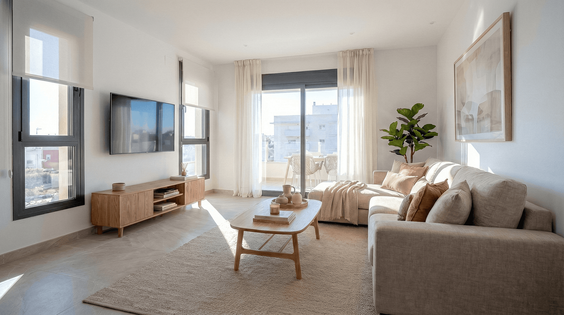 Helles Wohnzimmer mit beigem Ecksofa, Holztisch und Zugang zu einem sonnigen Balkon.