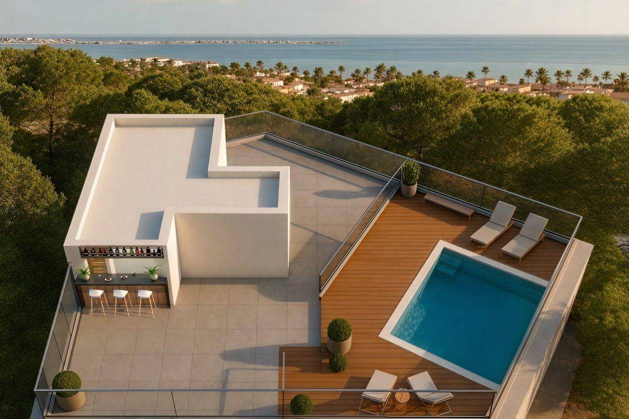 Geräumige Dachterrasse mit Pool, Außenbar und weitem Blick auf das Meer und die Umgebung.