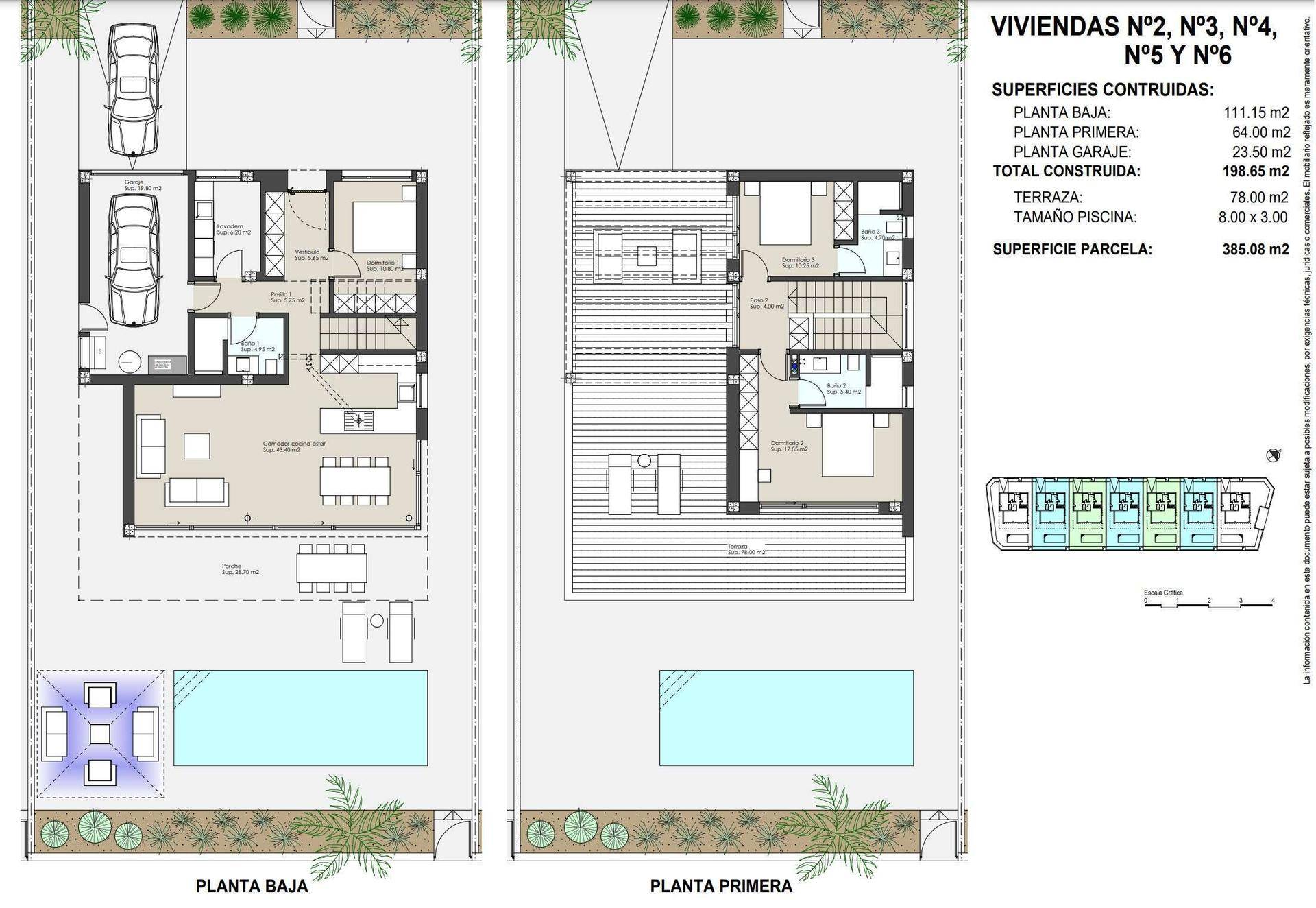 Grundriss einer modernen Villa über zwei Etagen mit Pool, Terrasse und offenem Wohnbereich.