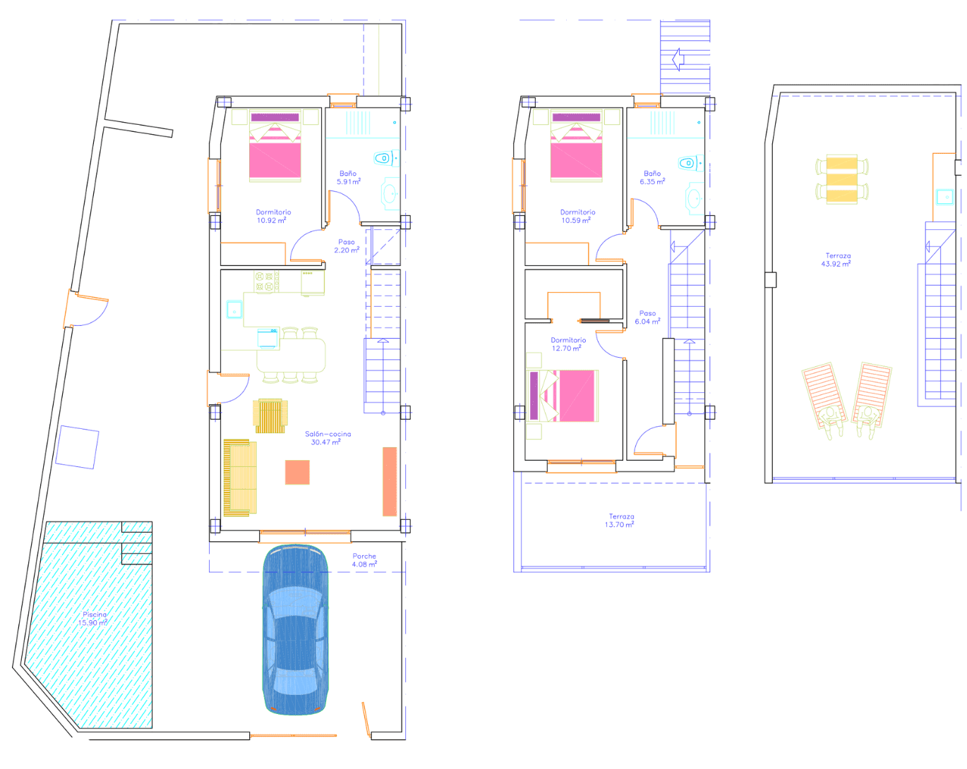 Grundrissplan eines Reihenhauses über drei Ebenen mit Garage, Pool und Dachterrasse.