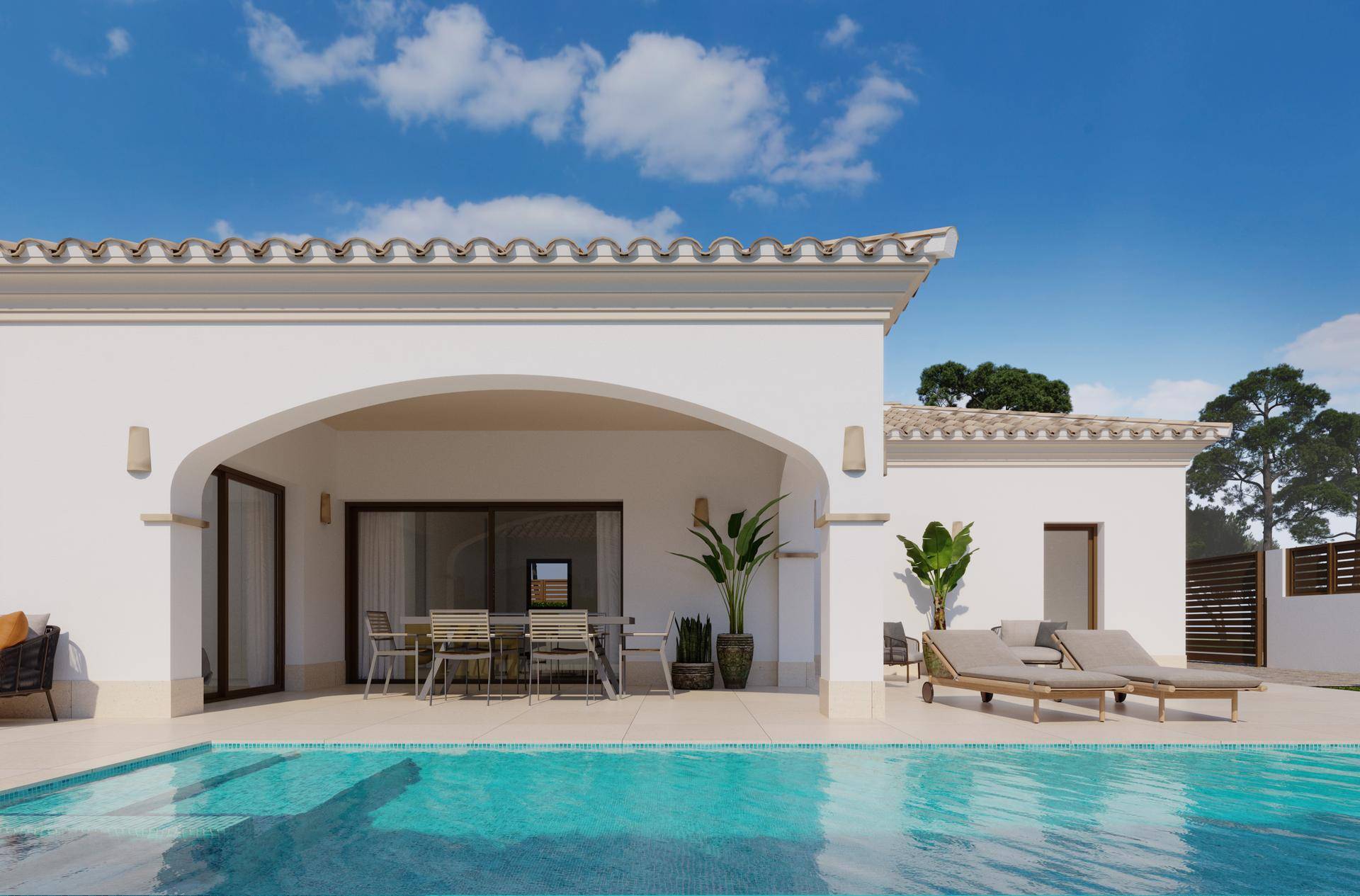 Seitliche Ansicht der Villa mit großem Pool, Essbereich im Freien und bequemen Sonnenliegen.