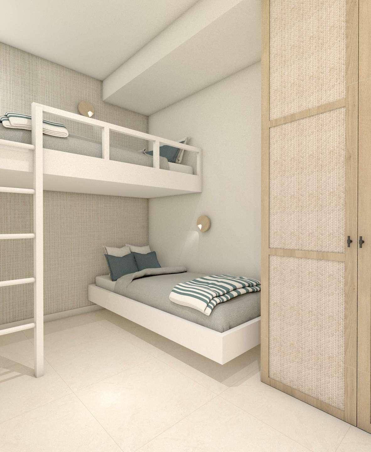 Kinderzimmer mit modernem Etagenbett und integriertem Kleiderschrank.