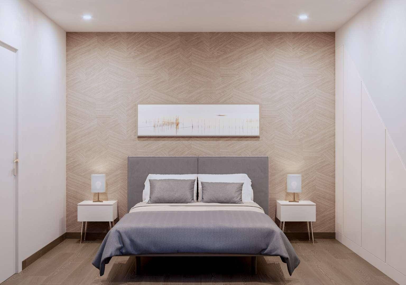 Modernes Schlafzimmer mit stilvoller Wandverkleidung und Holzboden.