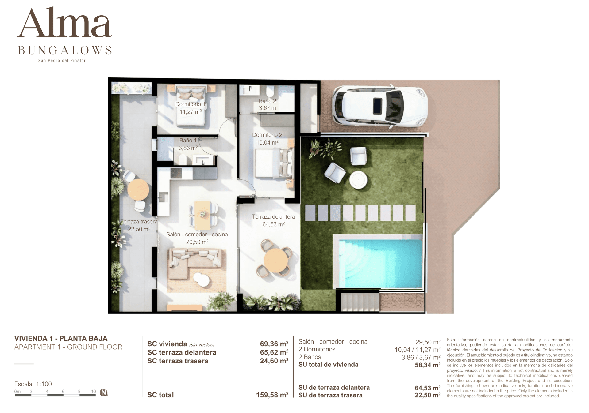 Grundriss der Erdgeschosswohnung mit zwei Schlafzimmern, zwei Bädern und privatem Garten mit Pool.
