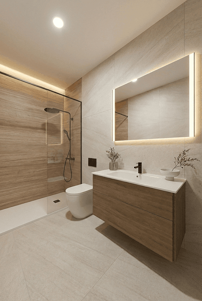 Modernes Badezimmer mit begehbarer Dusche, schwebendem Waschtisch und beleuchtetem Spiegel.