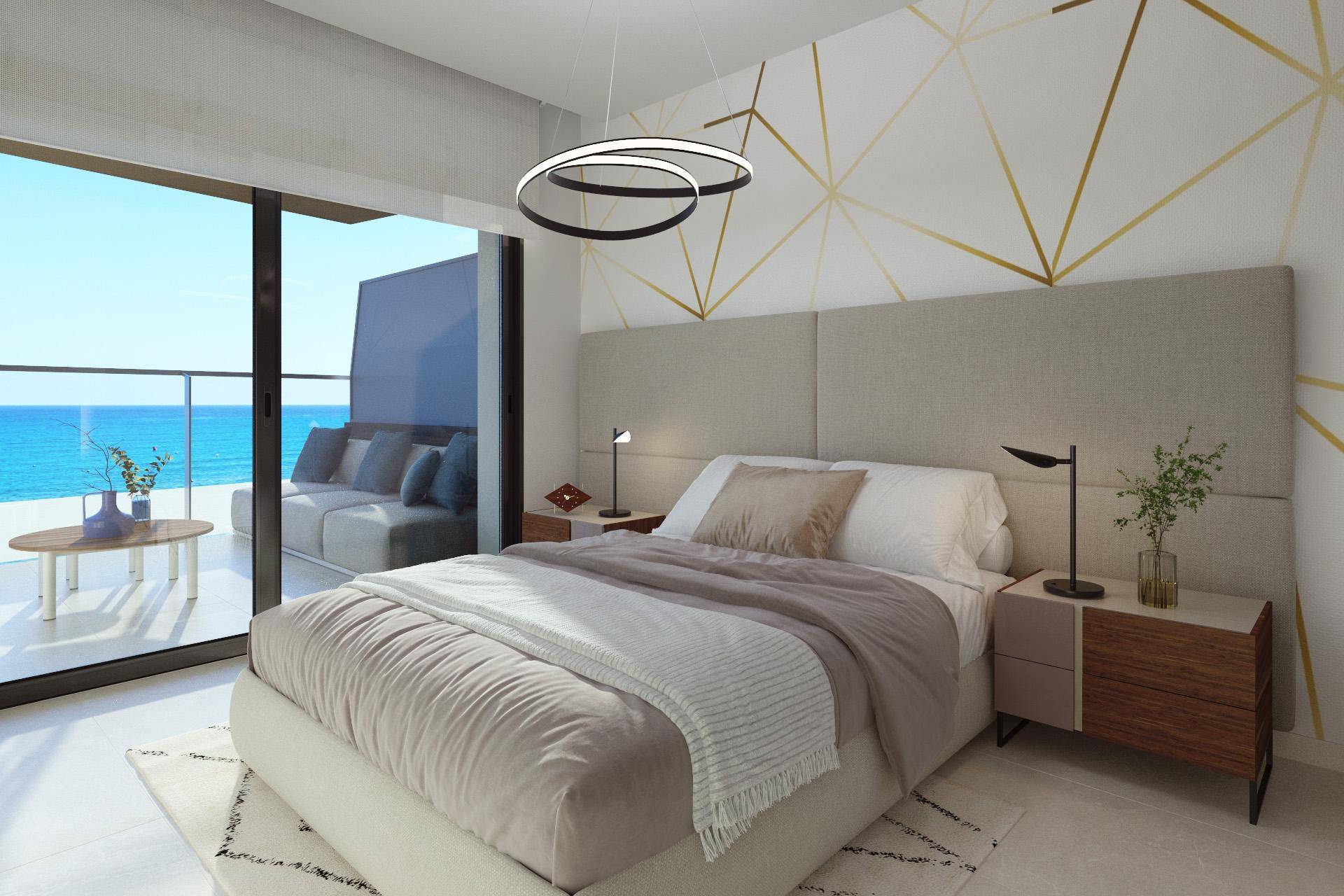 Elegantes Schlafzimmer mit Doppelbett, Meerblick und Zugang zum Außenbereich.