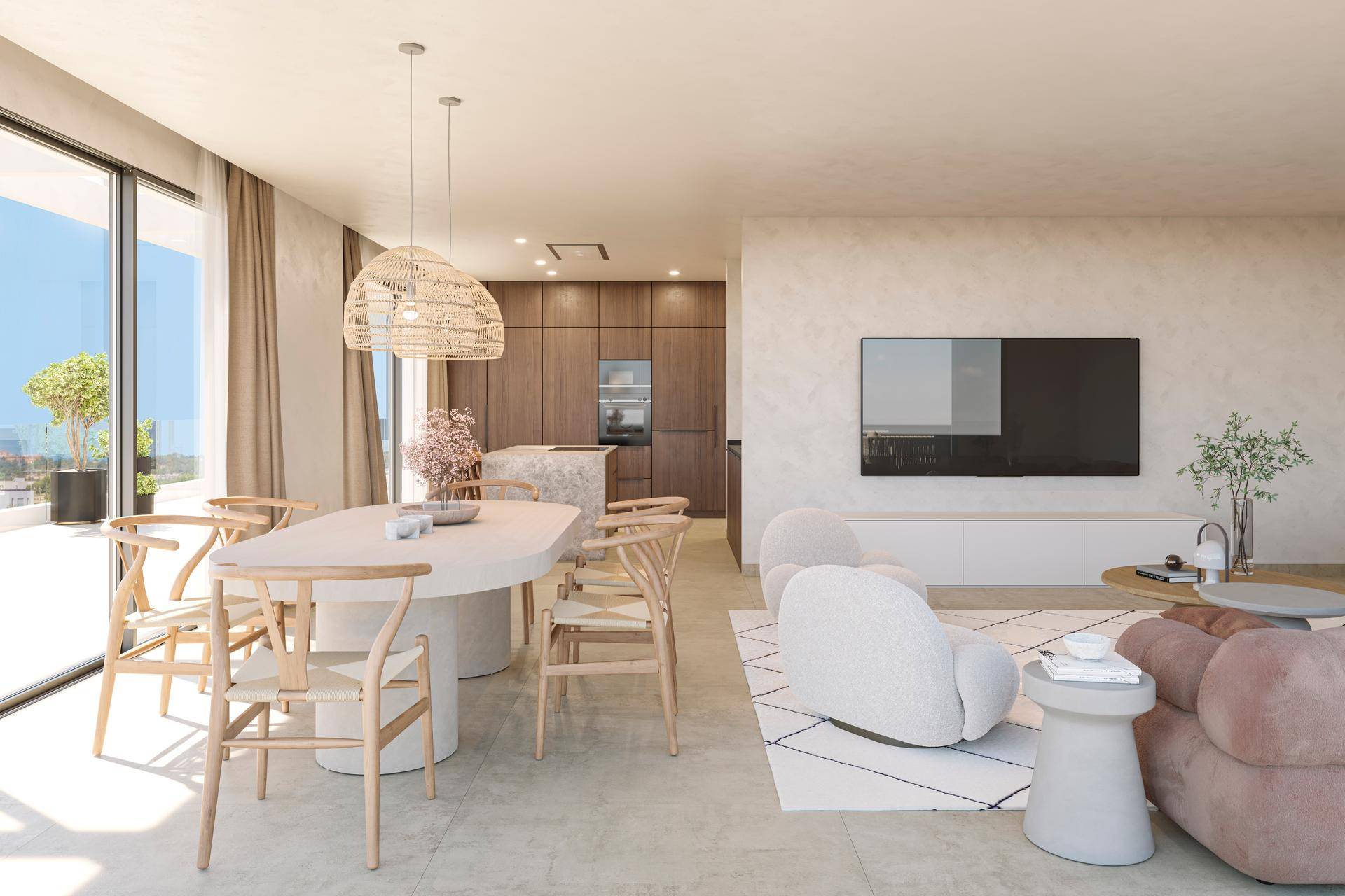 Moderner Wohn-Essbereich mit Holzküche, elegantem Esstisch und gemütlicher Sitzecke mit Zugang zur Terrasse.