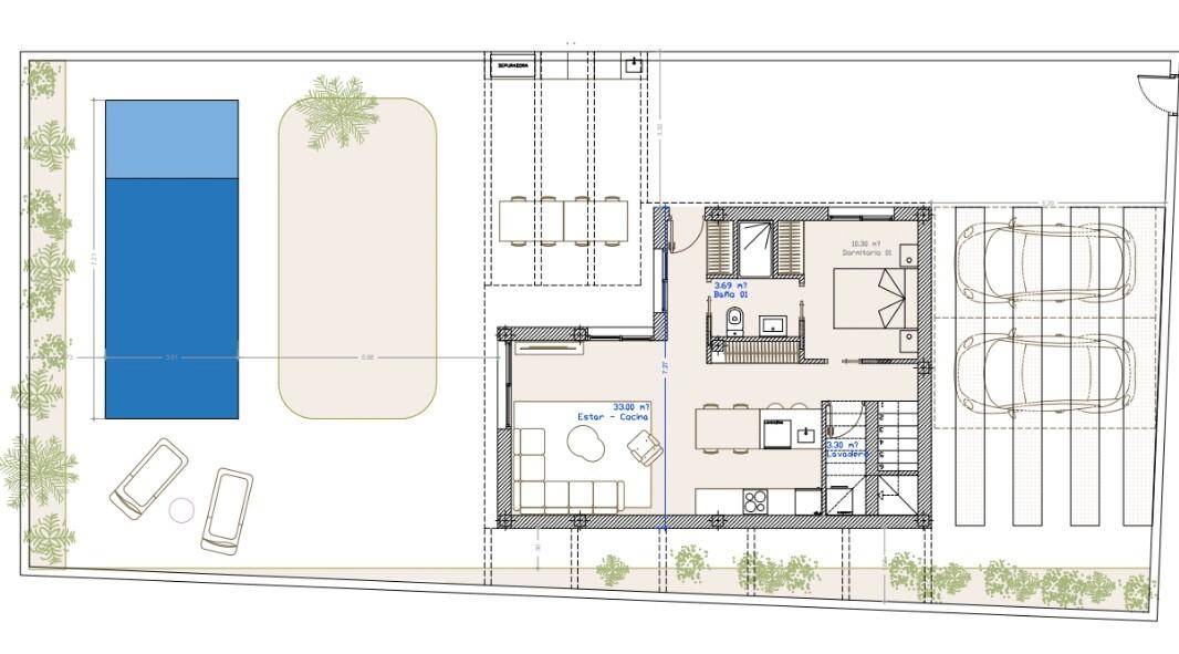 Grundriss des Erdgeschosses mit offenem Wohnbereich, Küche, Schlafzimmer, Bad und Außenpool.