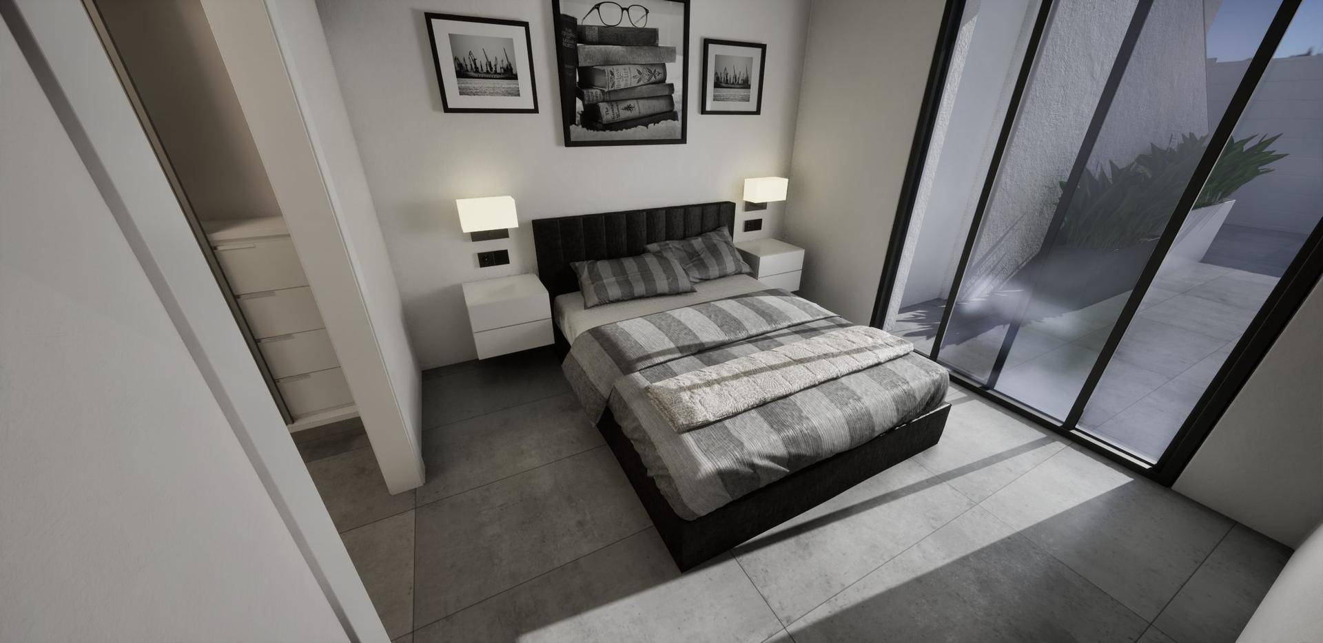 Modernes Schlafzimmer mit Doppelbett, Nachttischen und großen Fenstern zum Außenbereich.
