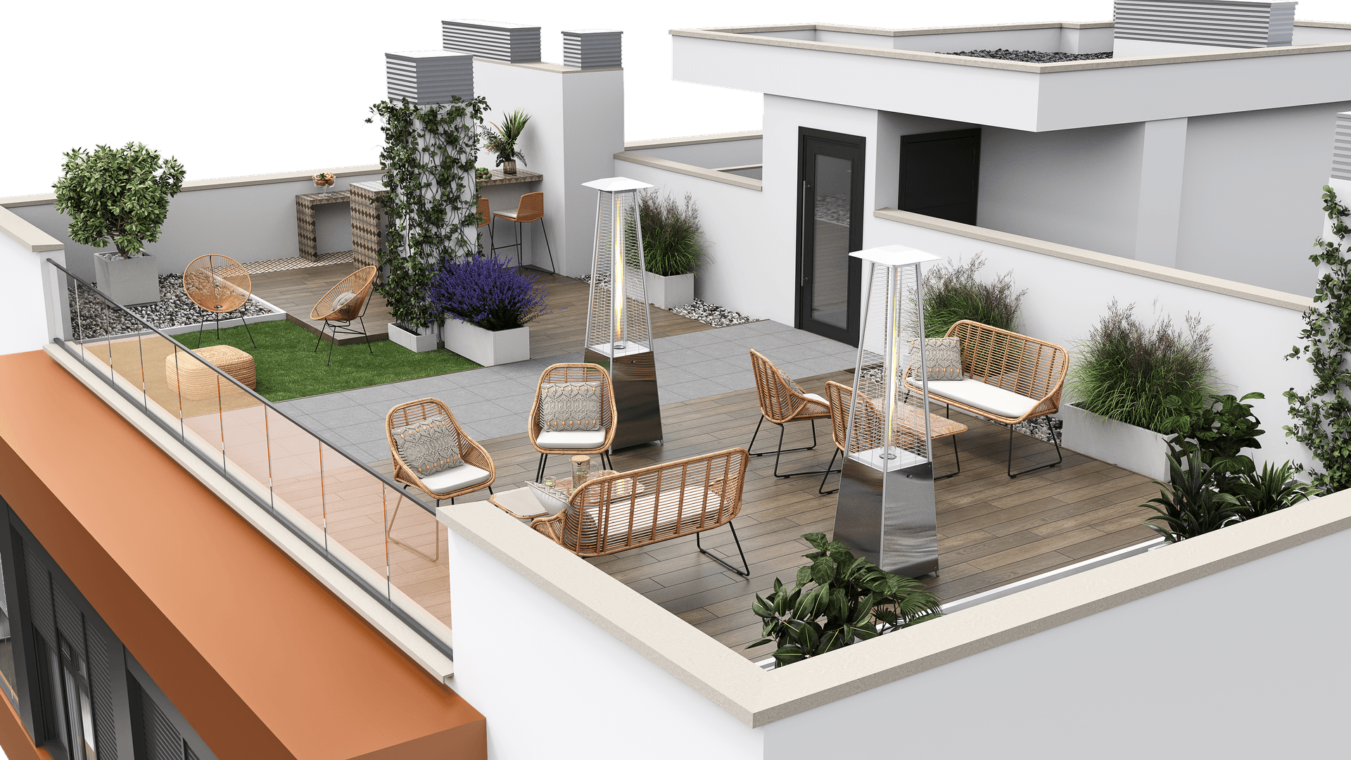 Geräumige Dachterrasse mit Lounge-Möbeln, Essbereich und dekorativen Pflanzen.
