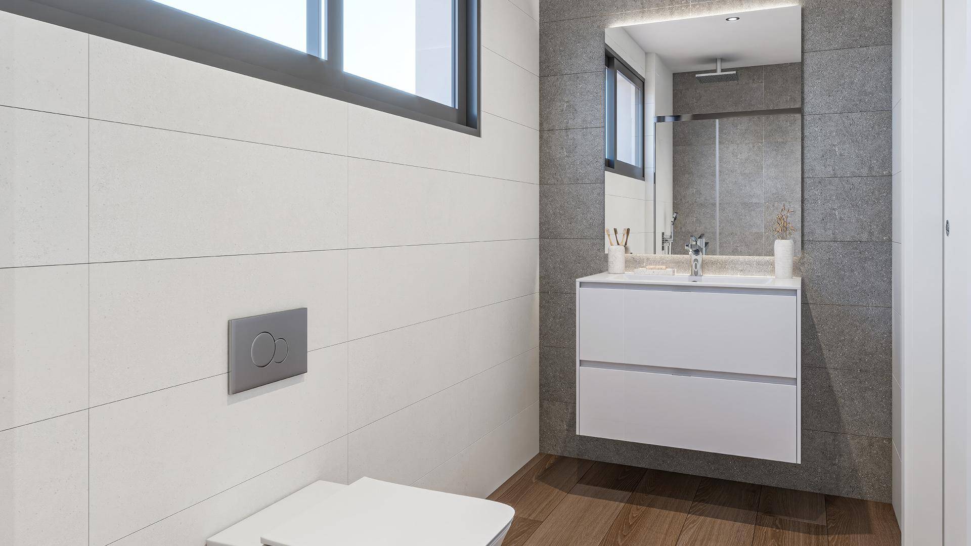 Helles Badezimmer mit modernem Waschtisch, Wand-WC und Fenster für Tageslicht.