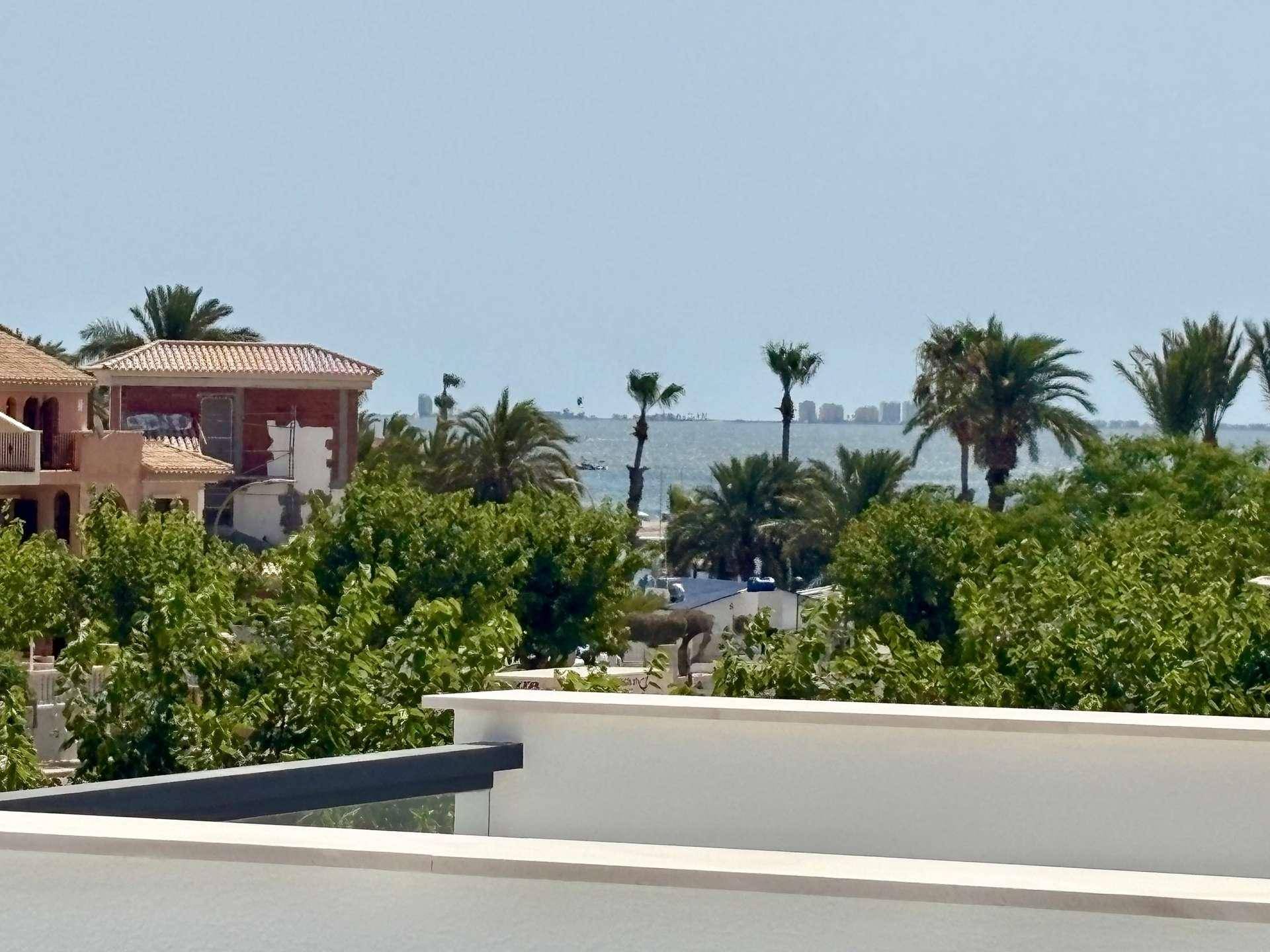 Panoramablick von einem Balkon auf Palmen und das Meer in der Ferne.