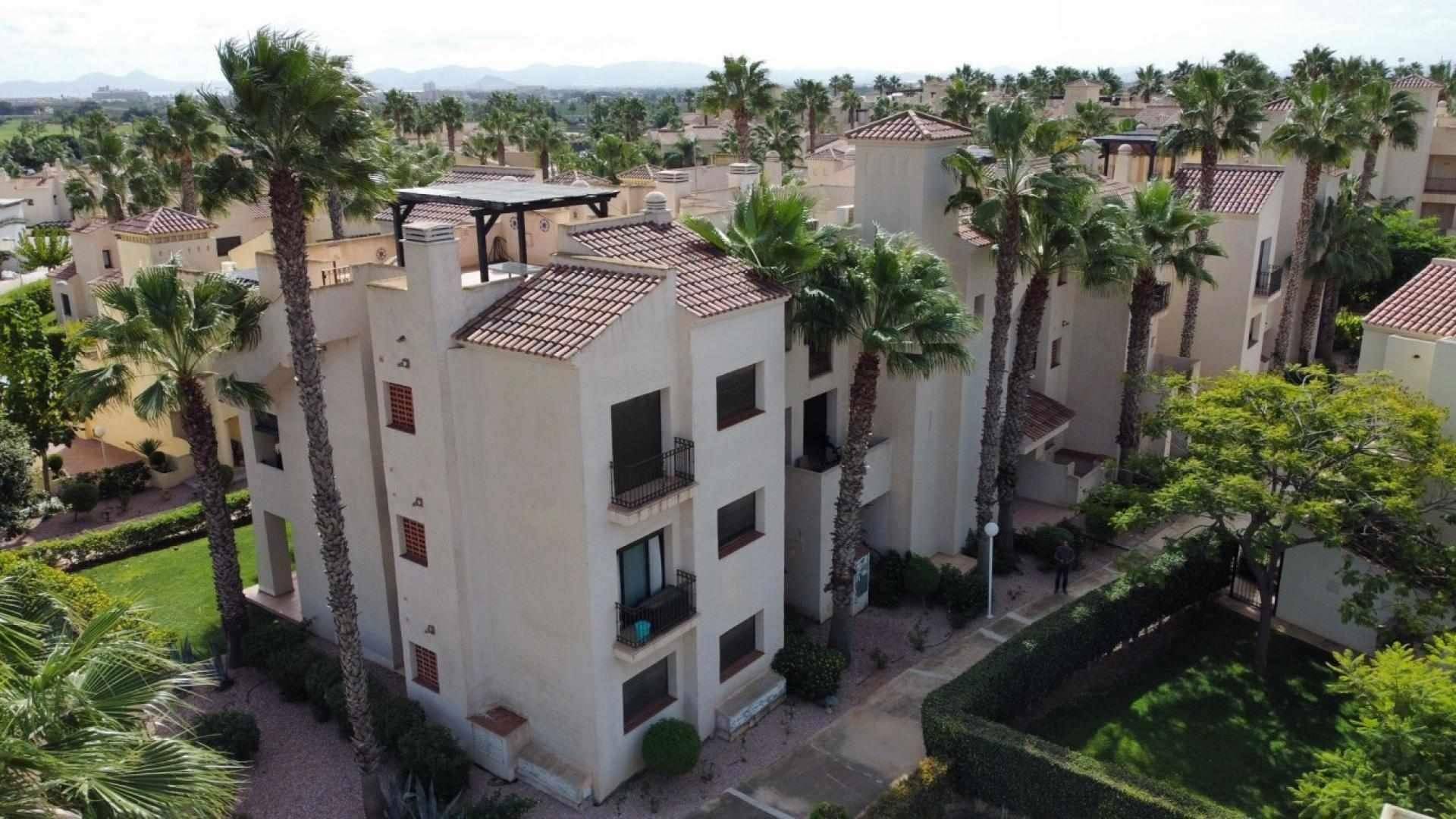 Luftaufnahme der Wohngebäude im mediterranen Stil, umgeben von zahlreichen Palmen.