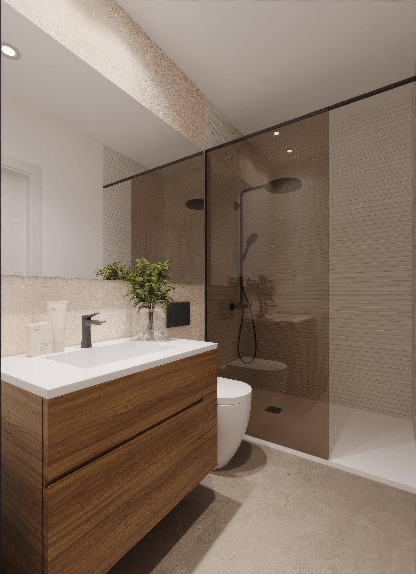 Modernes Badezimmer mit begehbarer Dusche, elegantem Waschtisch und minimalistischem Design.