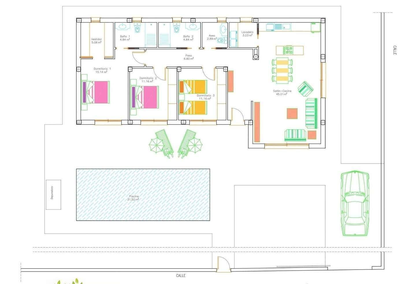 Detaillierter Grundriss einer modernen Villa mit Pool und Parkplatz.